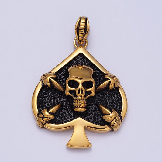 3d Gold Skull Pendant- Ace of Spade Skull Charm Gothic Antique Gold Skull Emo Men Necklace Pendant Stainless Steel Jewelry J168
