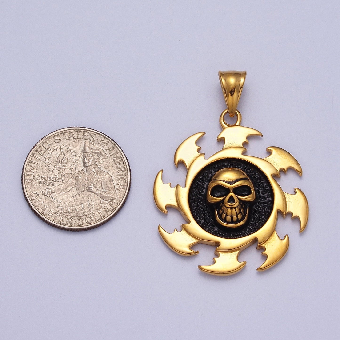 3D Gold Skull Gear Charm - 35mm Diameter - Steampunk Gold Men Necklace Pendant Stainless Steel Jewelry J097