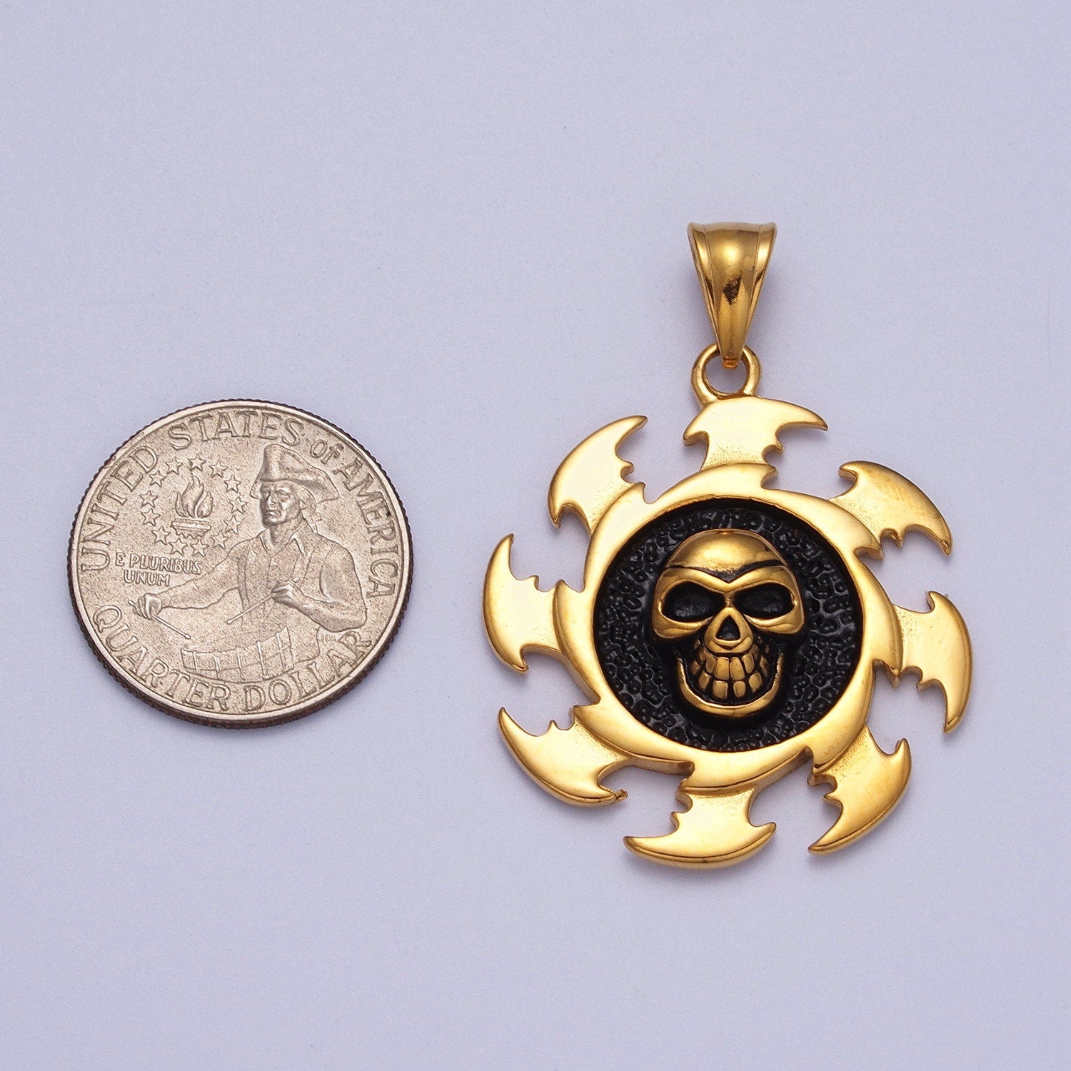 3D Gold Skull Gear Charm - 35mm Diameter - Steampunk Gold Men Necklace Pendant Stainless Steel Jewelry J097