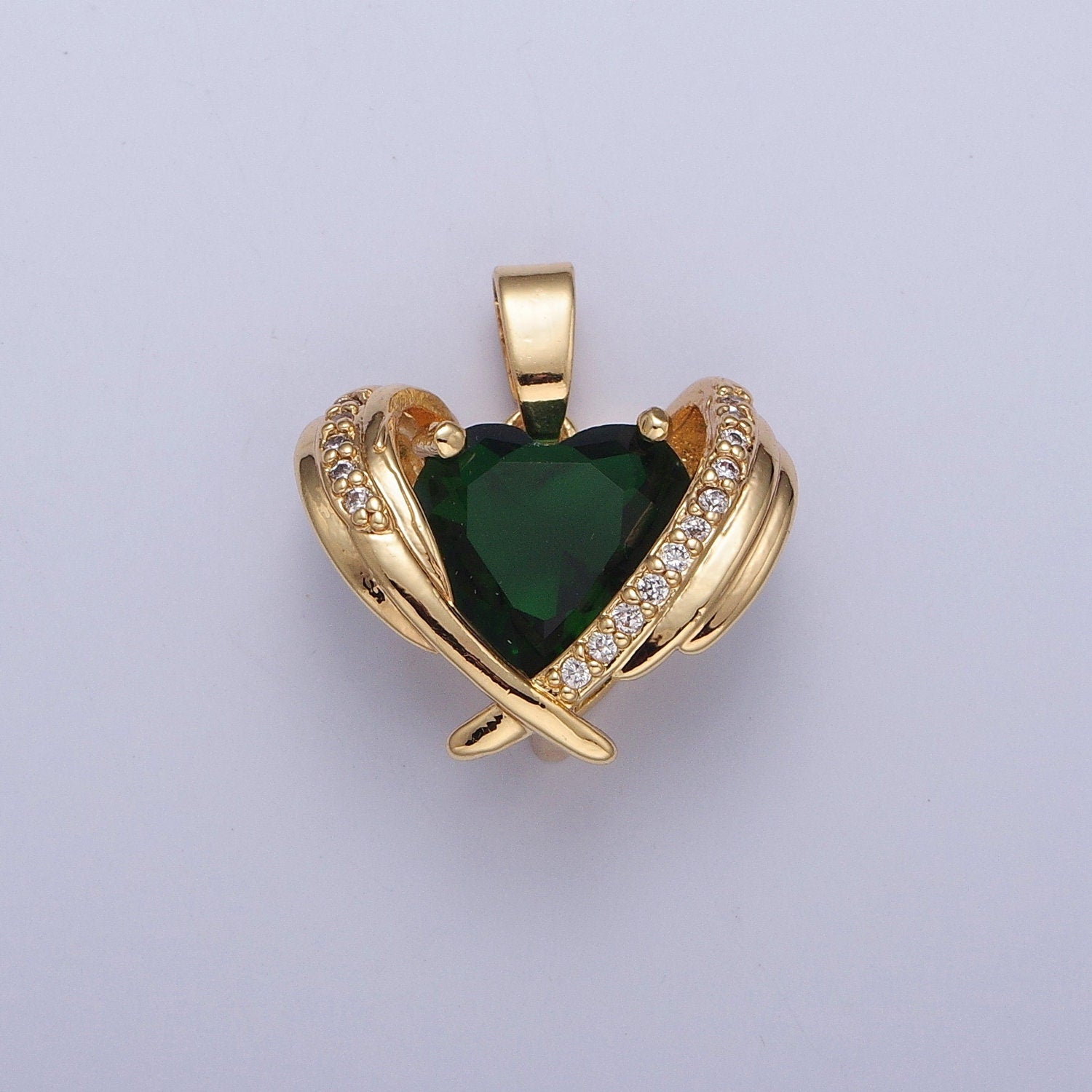 Dainty Pink Heart Charm, Green Heart Pendant Gold Angel Wing With Cz Heart X-331 X-332