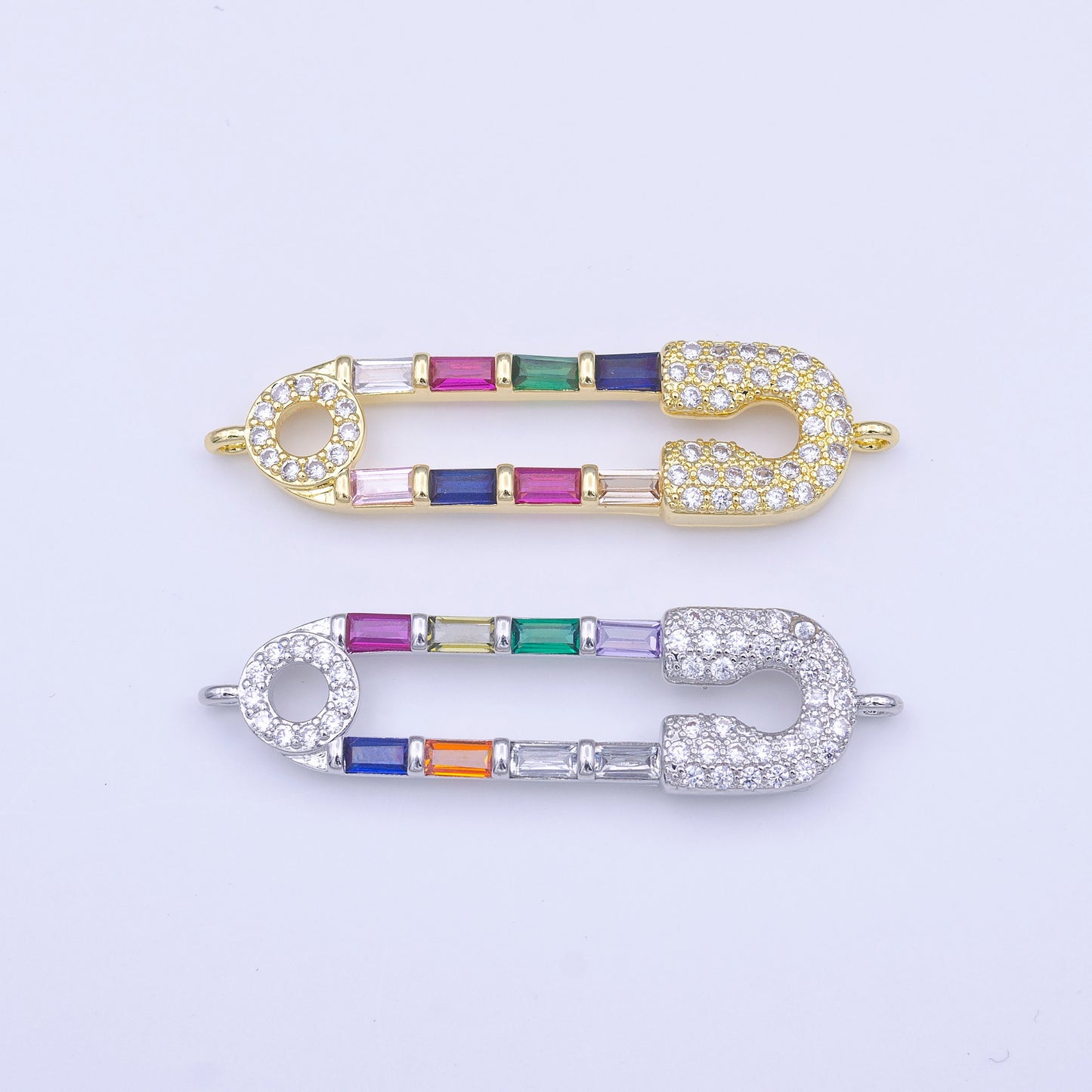 Gold Safety Pin Charm Connector, Silver Pin Multicolor Micro Paved CZ Baguette on Safety Pin Link Connector | Y655