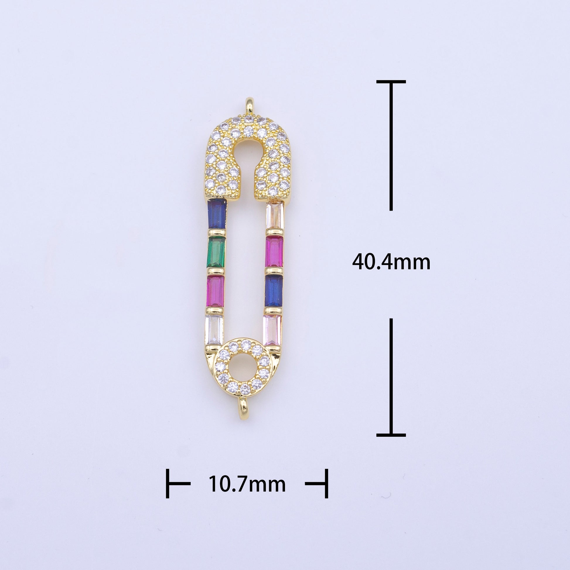 Gold Safety Pin Charm Connector, Silver Pin Multicolor Micro Paved CZ Baguette on Safety Pin Link Connector | Y655