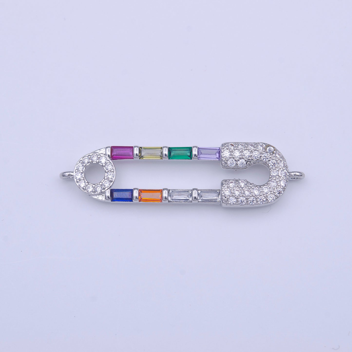 Gold Safety Pin Charm Connector, Silver Pin Multicolor Micro Paved CZ Baguette on Safety Pin Link Connector | Y655