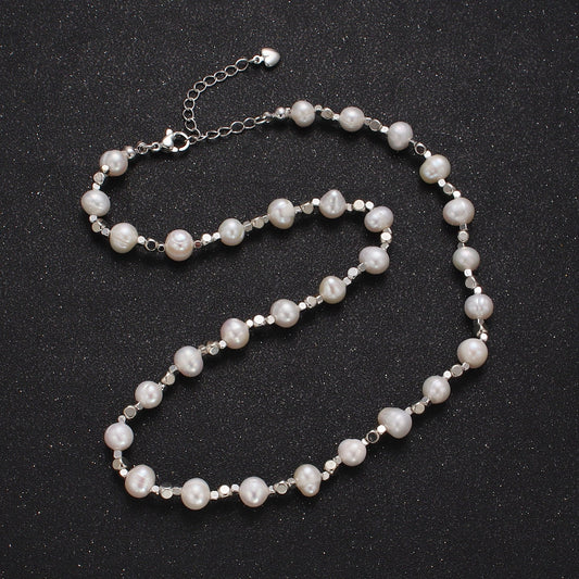 Handmade 8.5mm Natural Freshwater Pearl Necklace Silver Beaded Chain Necklace for Layer Jewelry WA-1360