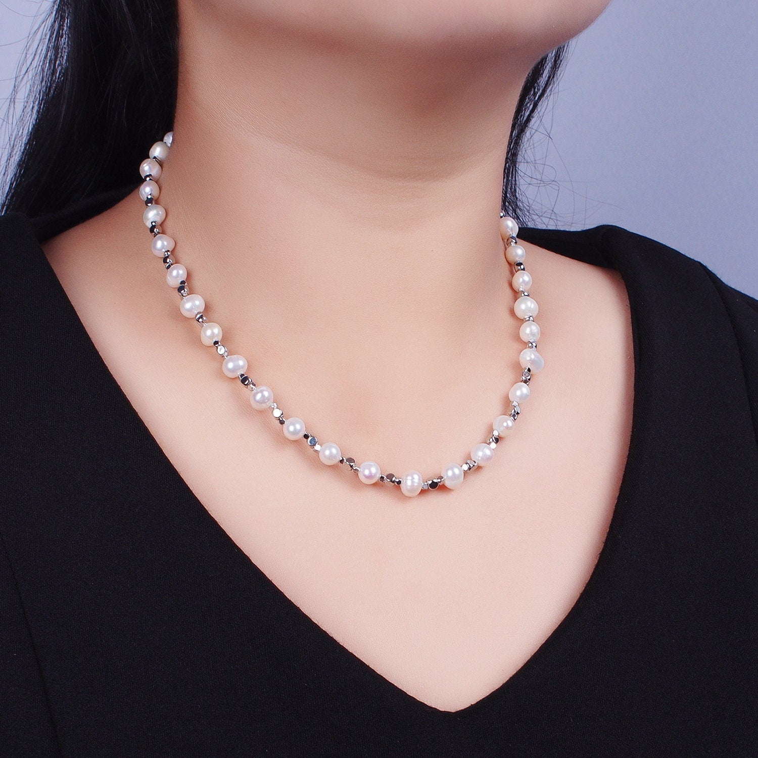 Handmade 8.5mm Natural Freshwater Pearl Necklace Silver Beaded Chain Necklace for Layer Jewelry WA-1360