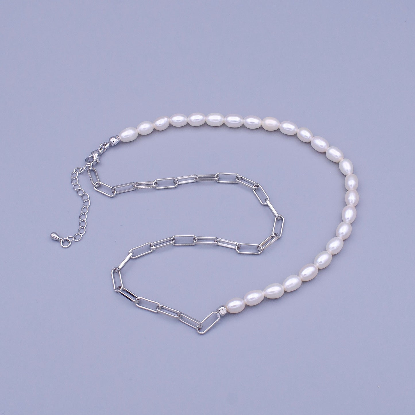 Shell Pearl Necklace Half Silver Paper Clip Link Chain Handmade Unisex Jewelry 16.75 inch + 2 inch extender wa1467