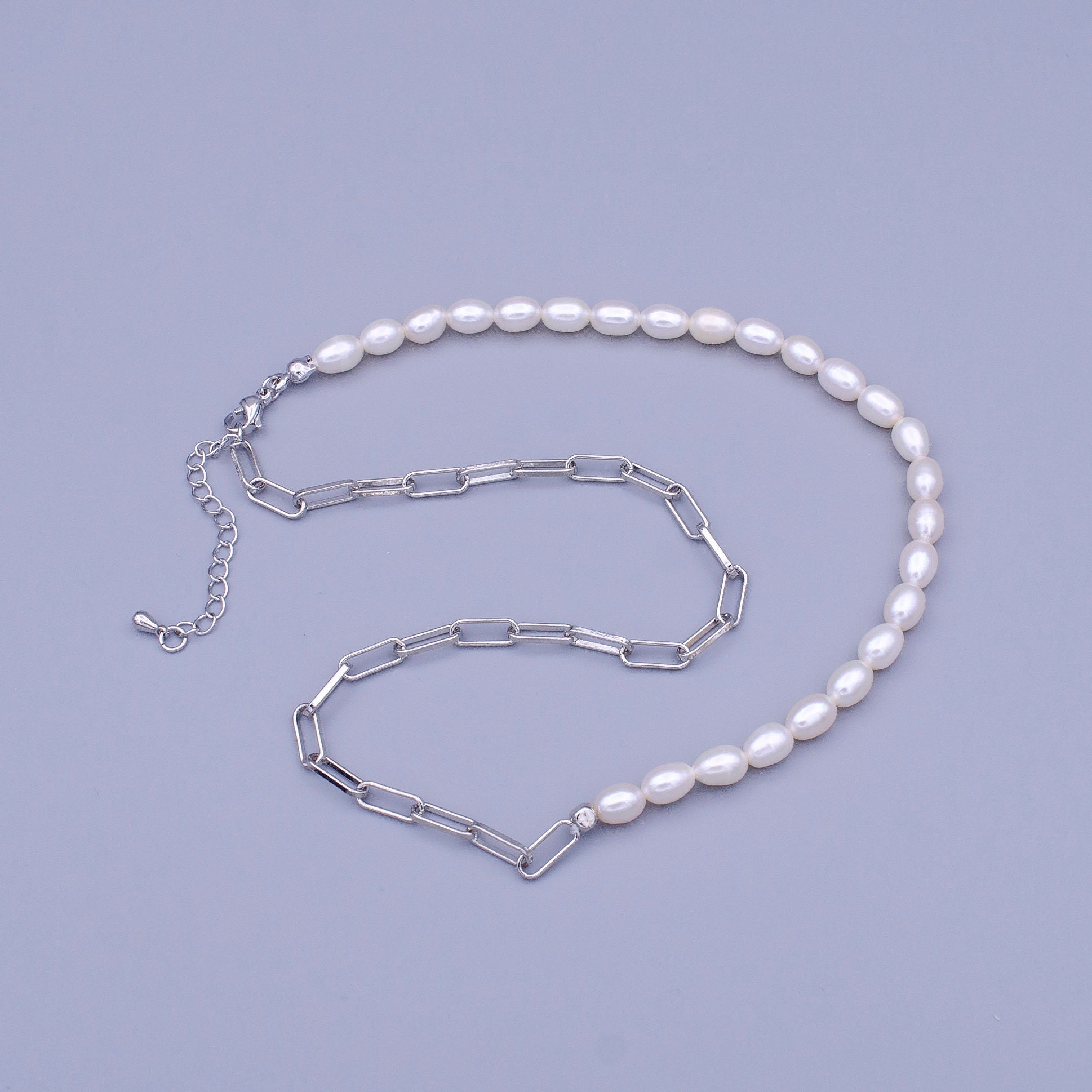 Shell Pearl Necklace Half Silver Paper Clip Link Chain Handmade Unisex Jewelry 16.75 inch + 2 inch extender wa1467