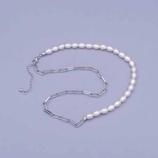 Shell Pearl Necklace Half Silver Paper Clip Link Chain Handmade Unisex Jewelry 16.75 inch + 2 inch extender wa1467
