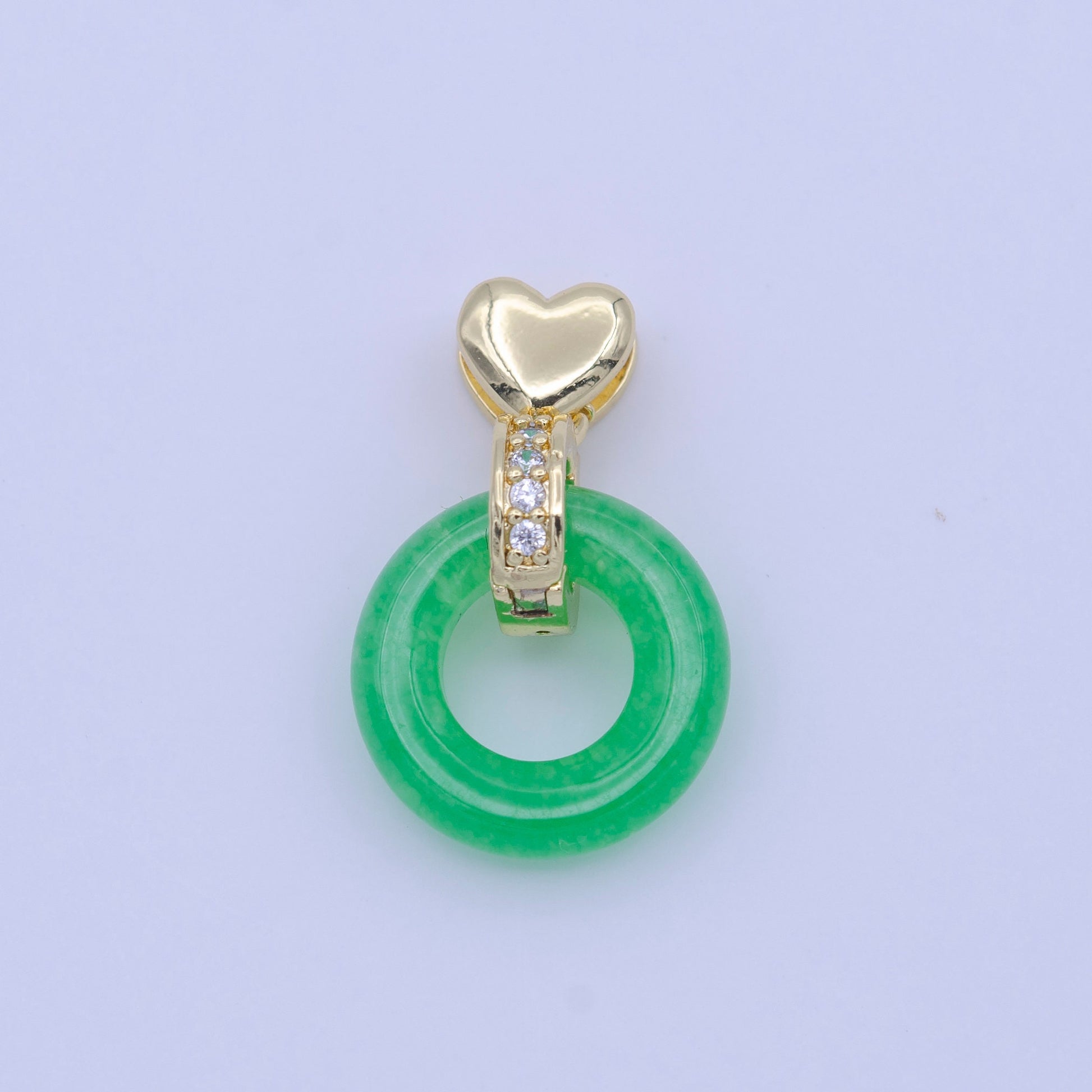Good Fortune Green Malay Jade Donut Micro Paved CZ Gold Heart Pendant | H264