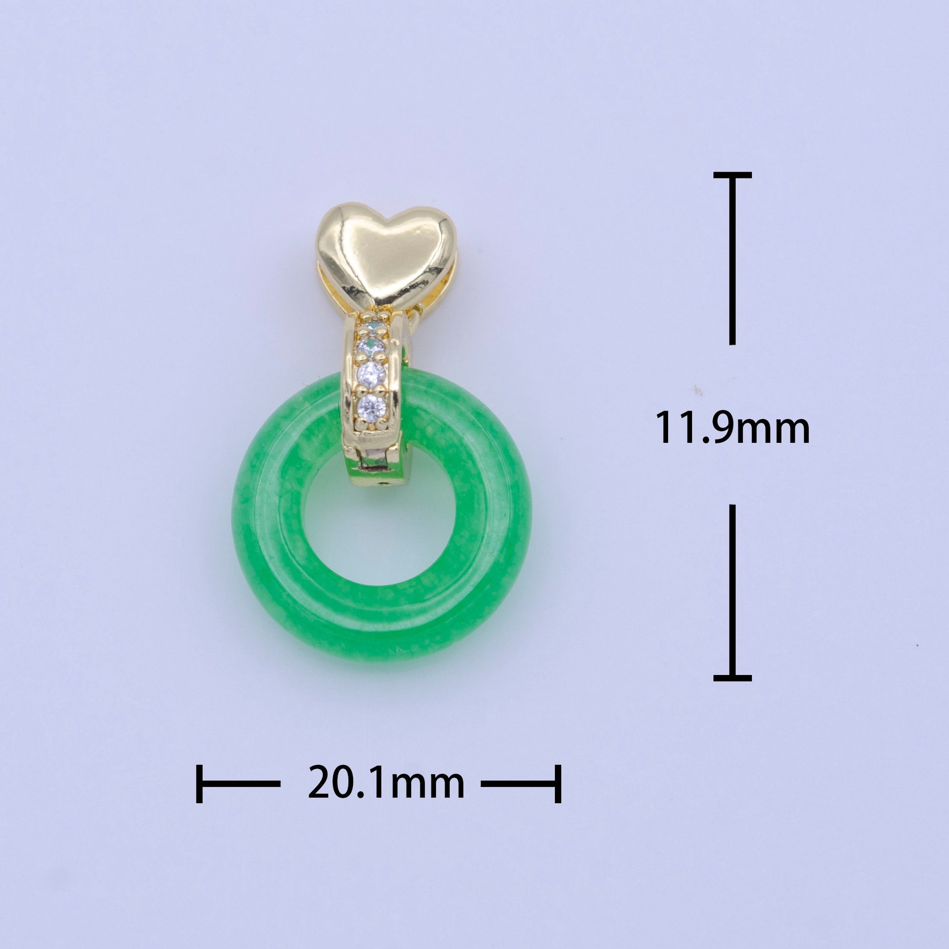Good Fortune Green Malay Jade Donut Micro Paved CZ Gold Heart Pendant | H264