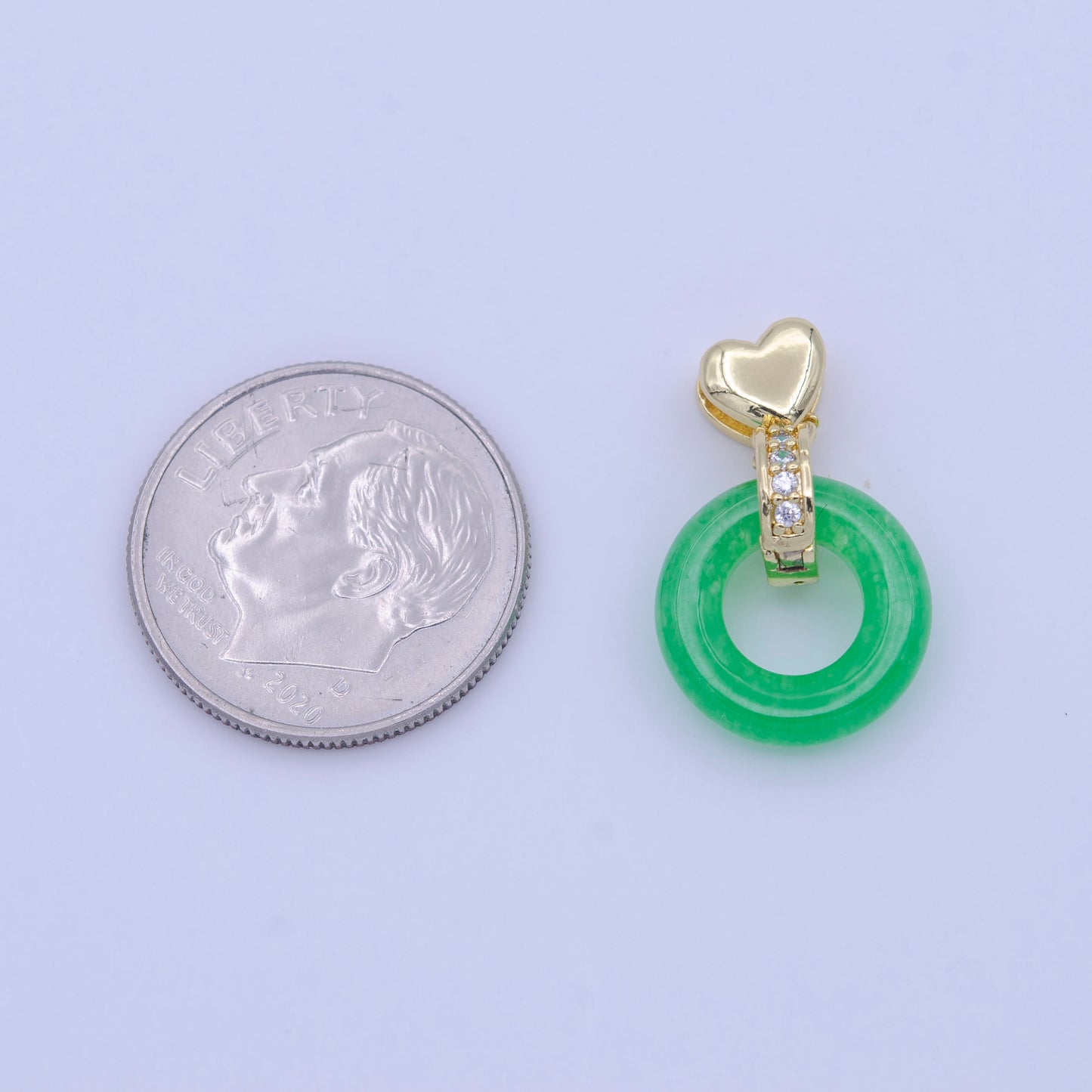 Good Fortune Green Malay Jade Donut Micro Paved CZ Gold Heart Pendant | H264