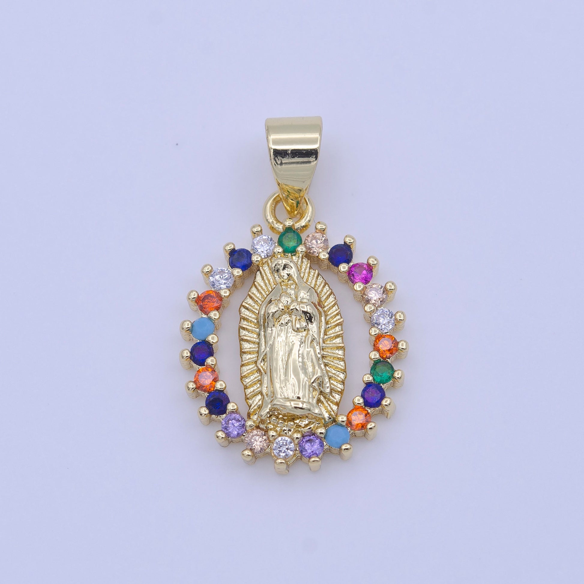 Rainbow Gold CZ Virgin Mary Pendant, Lady Guadalupe Oval Charm Mary Medallion, Rosary Charm Religious Jewelry h-251