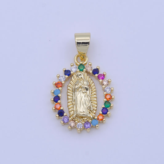 Rainbow Gold CZ Virgin Mary Pendant, Lady Guadalupe Oval Charm Mary Medallion, Rosary Charm Religious Jewelry h-251
