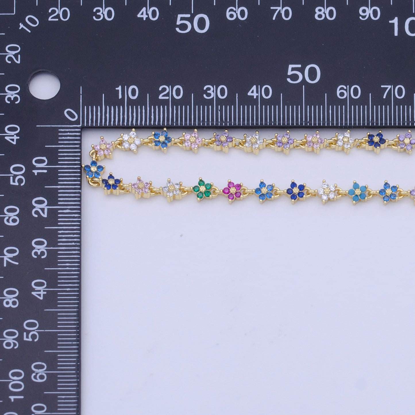 14k Gold Filled Tiki Flower Chain Colrful Multi Color Rainbow CZ Unfinished Designed Chain for Necklace Bracelet Component| ROLL-1010