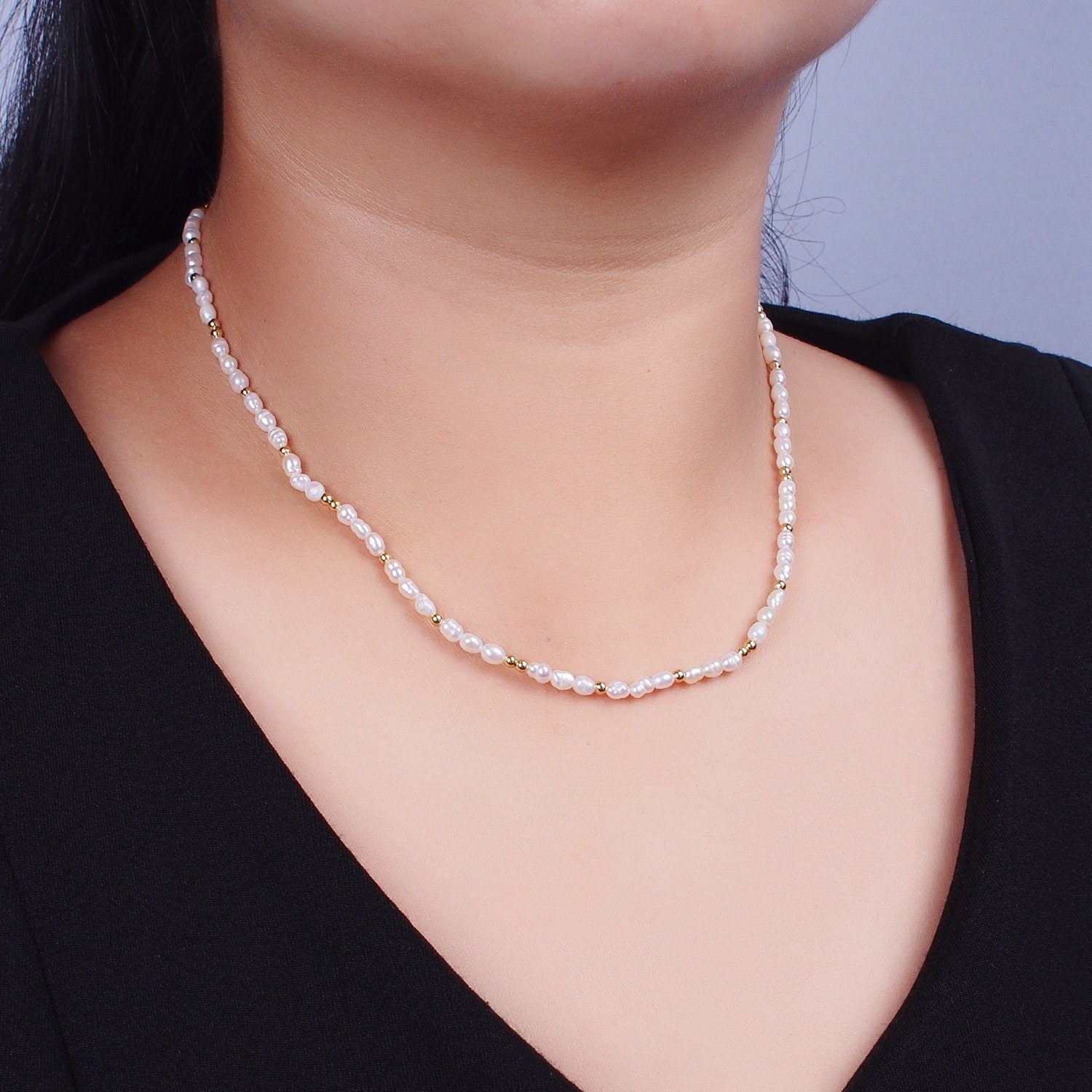 2.8mm Natural White Freshwater Pearl Gold Crimp Bead Y2K Elegant 17.4 Inch Choker Necklace, WA-1422