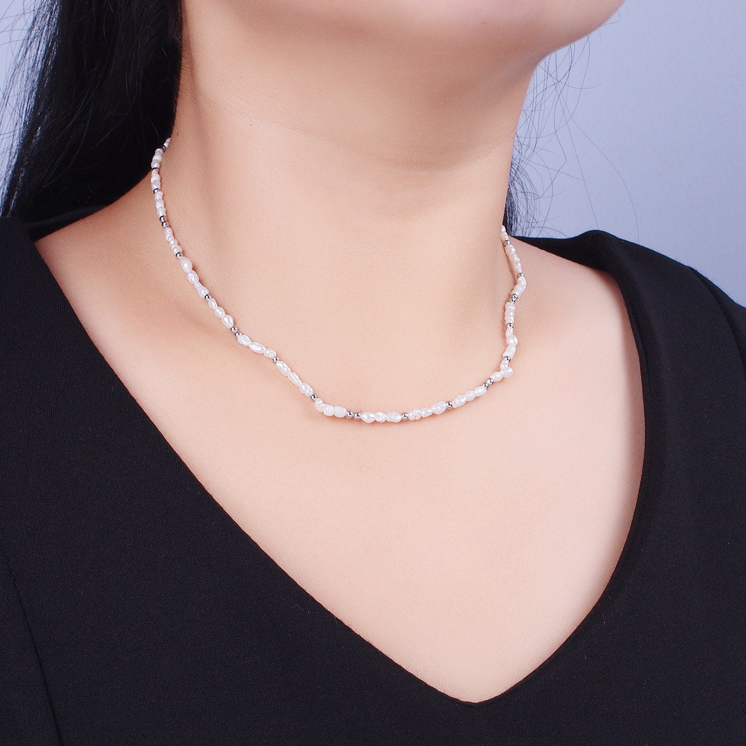 Irregular Freshwater Pearl Necklace Dainty White Rice Pearl Beaded Necklace in Silver for Wedding Jewelry Handmade Necklace WA1448