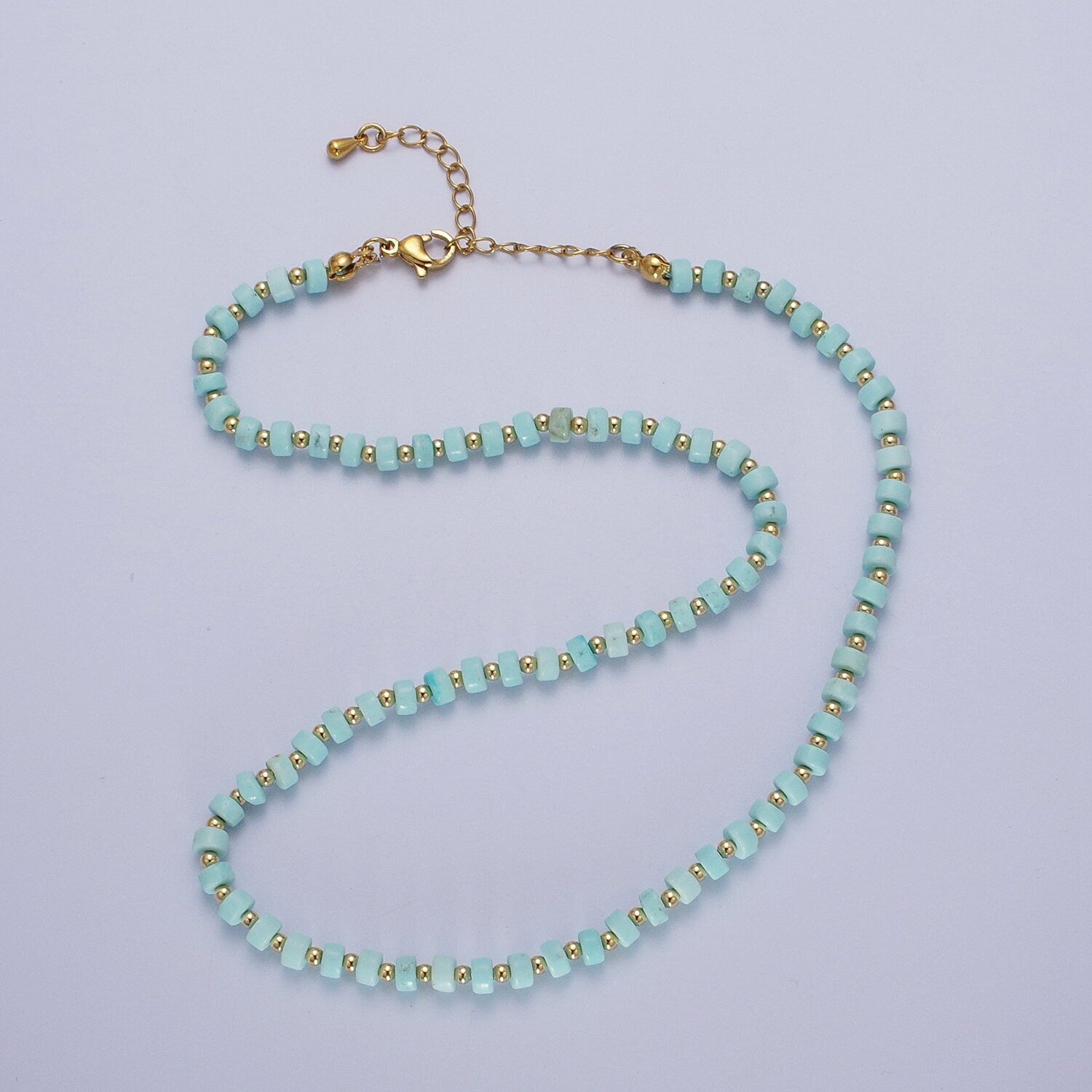 Gold Filled Blue Turquoise Rondelle Heishi Gemstone Gold Spacer Beads 16 Inch Layer Necklace Handmade Necklace for Christmast Gift | WA-1435