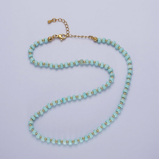 Gold Filled Blue Turquoise Rondelle Heishi Gemstone Gold Spacer Beads 16 Inch Layer Necklace Handmade Necklace for Christmast Gift | WA-1435