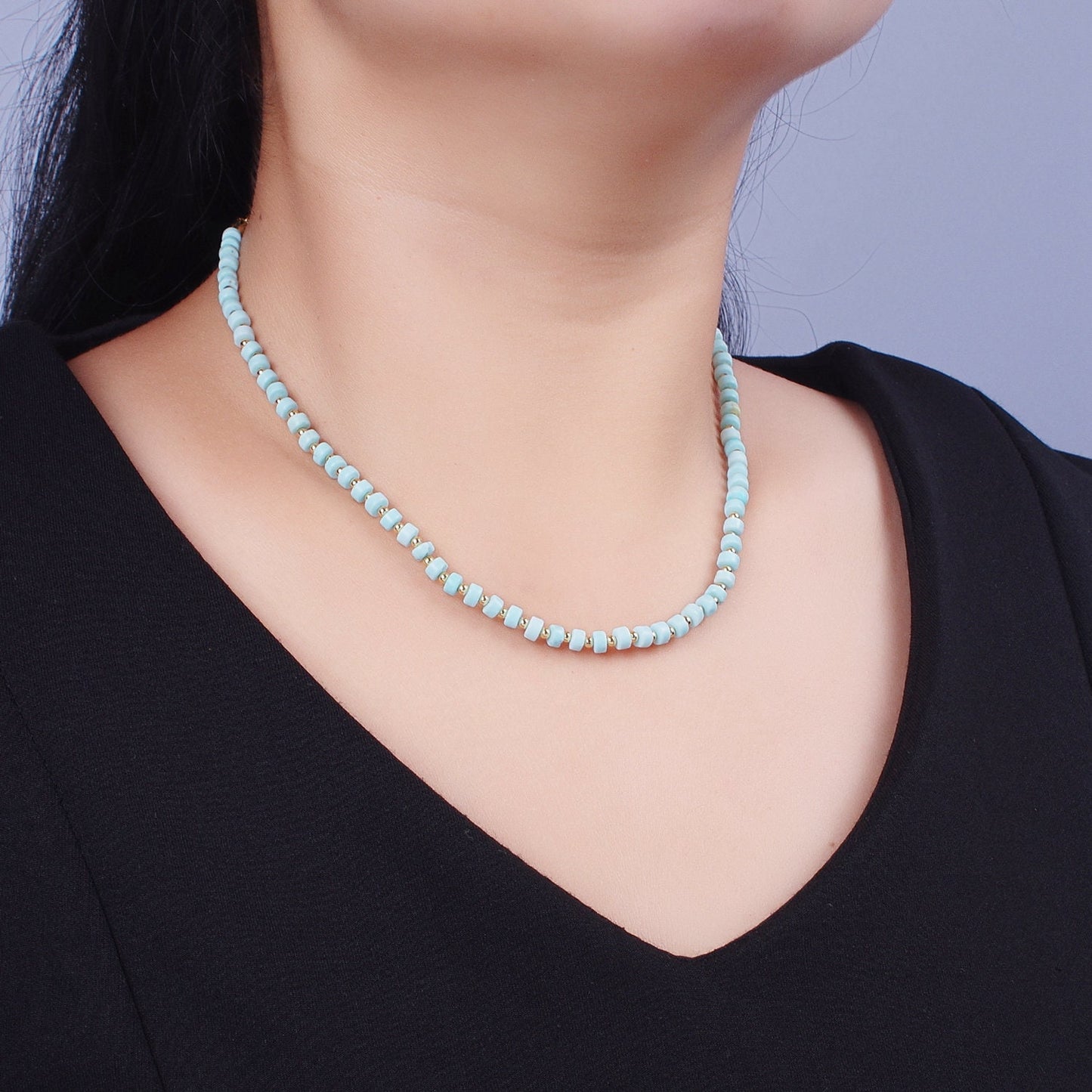 Gold Filled Blue Turquoise Rondelle Heishi Gemstone Gold Spacer Beads 16 Inch Layer Necklace Handmade Necklace for Christmast Gift | WA-1435
