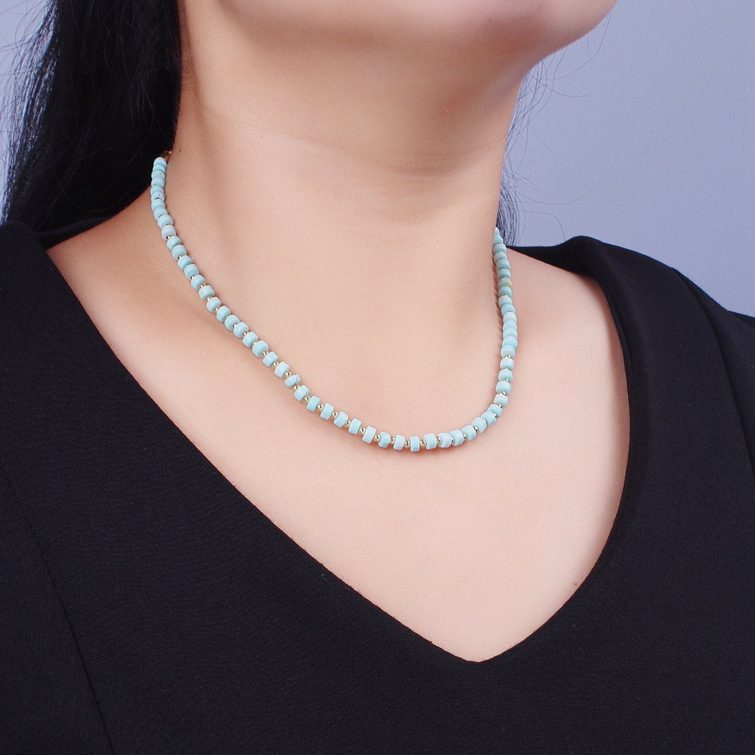 Gold Filled Blue Turquoise Rondelle Heishi Gemstone Gold Spacer Beads 16 Inch Layer Necklace Handmade Necklace for Christmast Gift | WA-1435