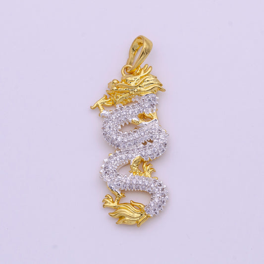24K Gold Filled Dragon Pendant Micro Pave Dragon Charm Cubic Zirconia Chinese Zodiac Animal Inspired for Necklace Component I-619