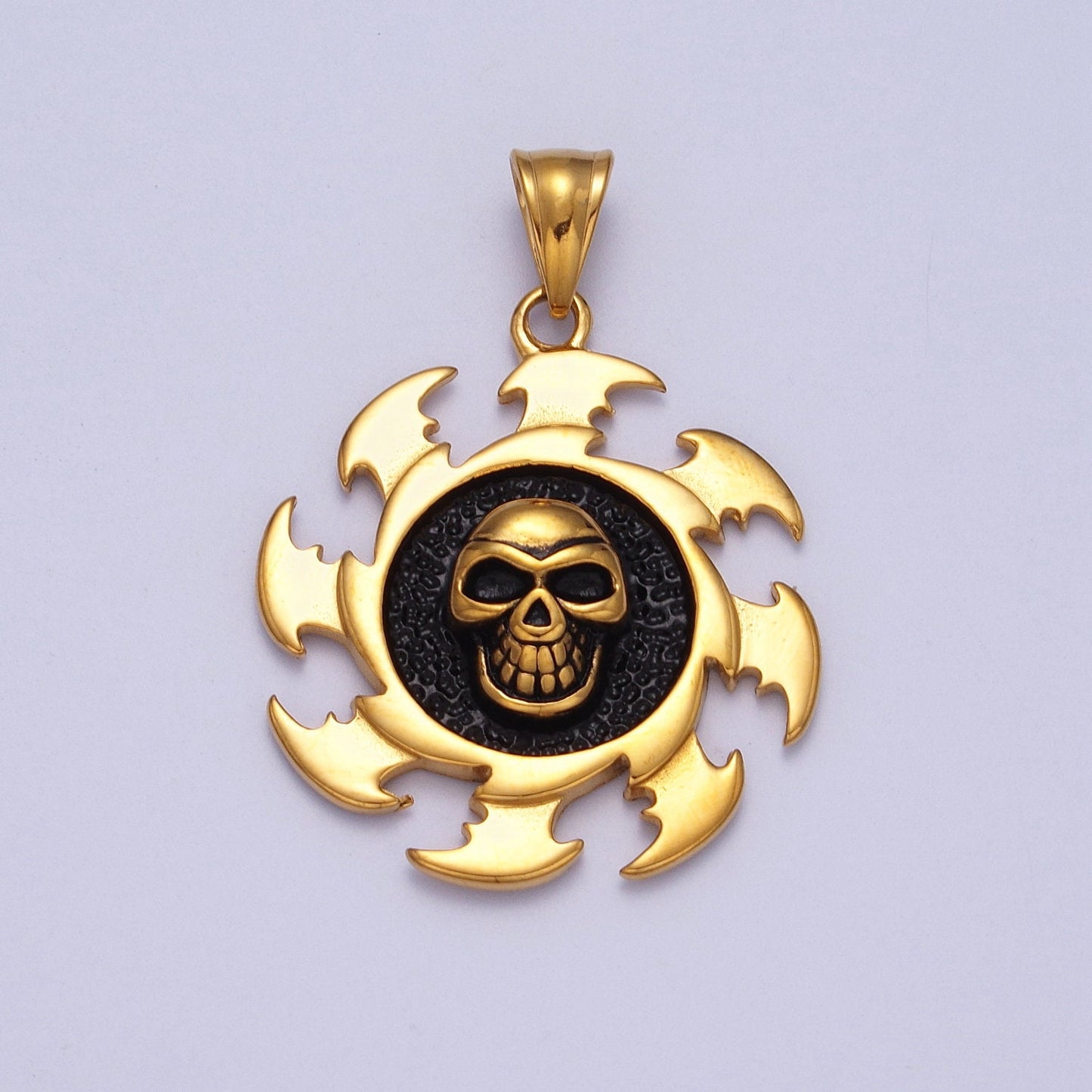 3D Gold Skull Gear Charm - 35mm Diameter - Steampunk Gold Men Necklace Pendant Stainless Steel Jewelry J097
