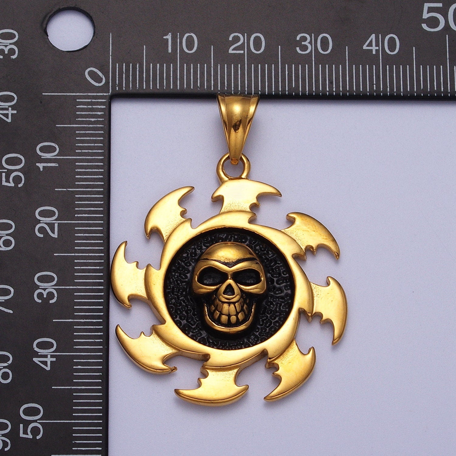 3D Gold Skull Gear Charm - 35mm Diameter - Steampunk Gold Men Necklace Pendant Stainless Steel Jewelry J097