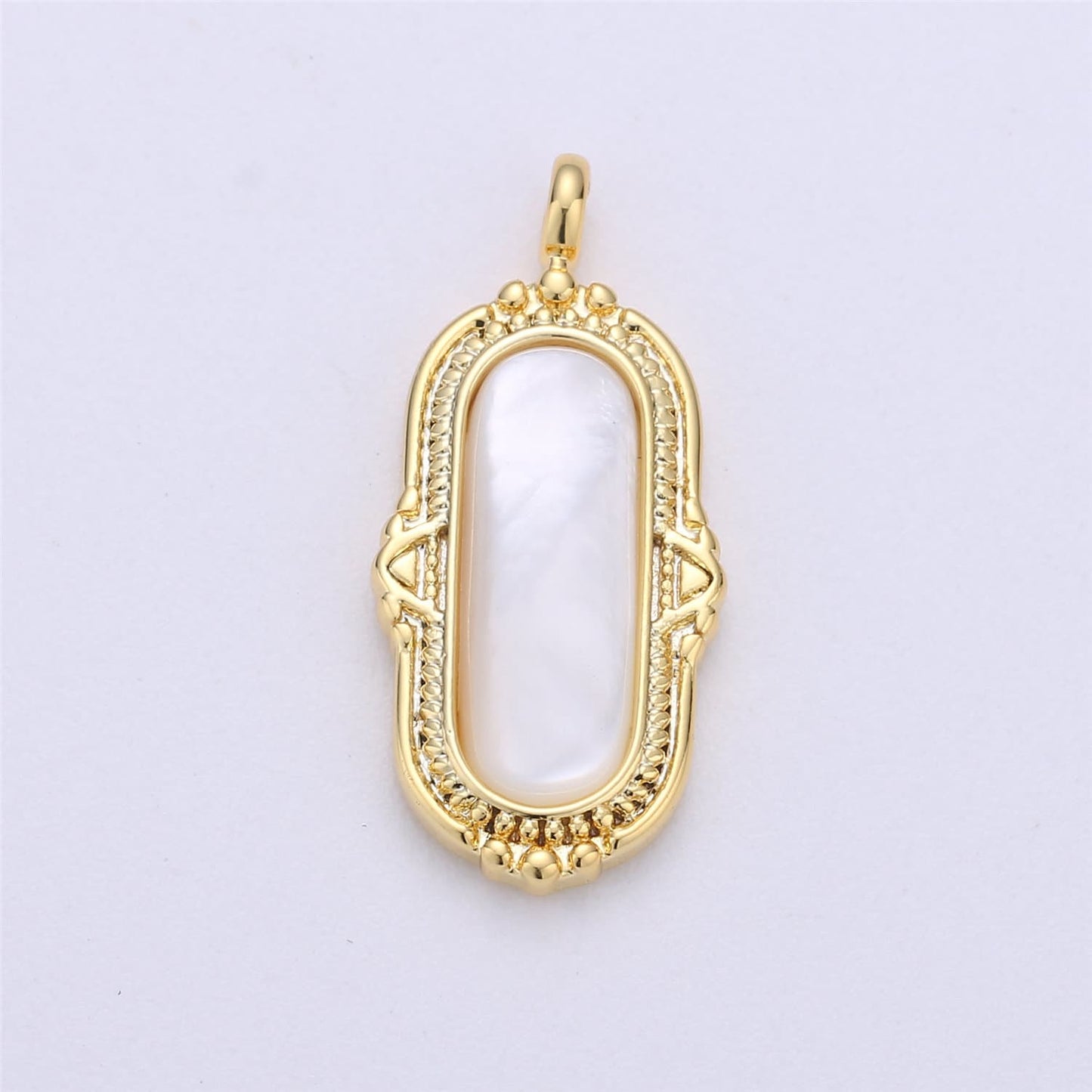 14K Gold Filled Mother of Pearl Oval Vintage Charm Rectangular Artisan Pendant | H221