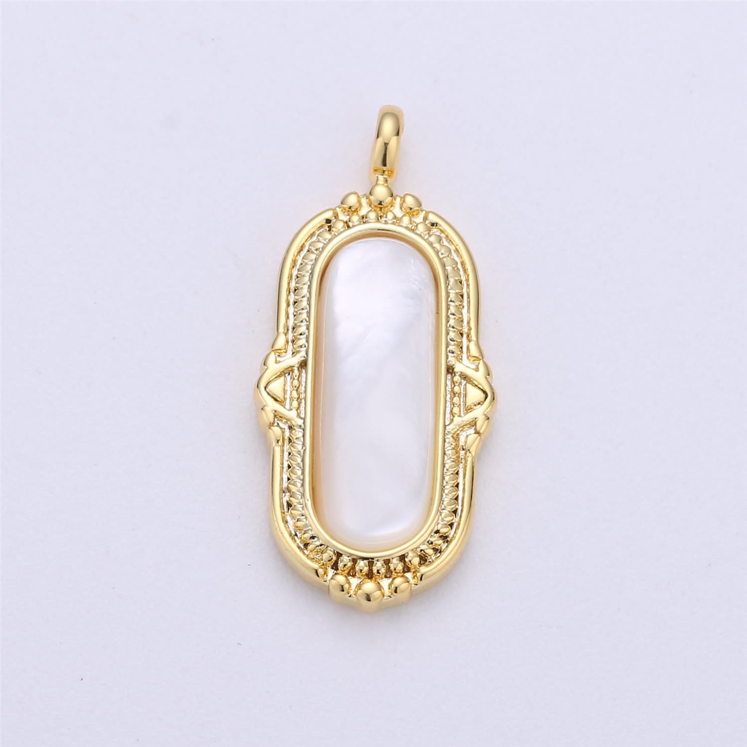 14K Gold Filled Mother of Pearl Oval Vintage Charm Rectangular Artisan Pendant | H221