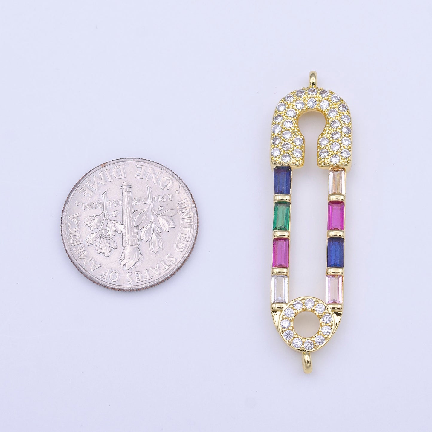 Gold Safety Pin Charm Connector, Silver Pin Multicolor Micro Paved CZ Baguette on Safety Pin Link Connector | Y655