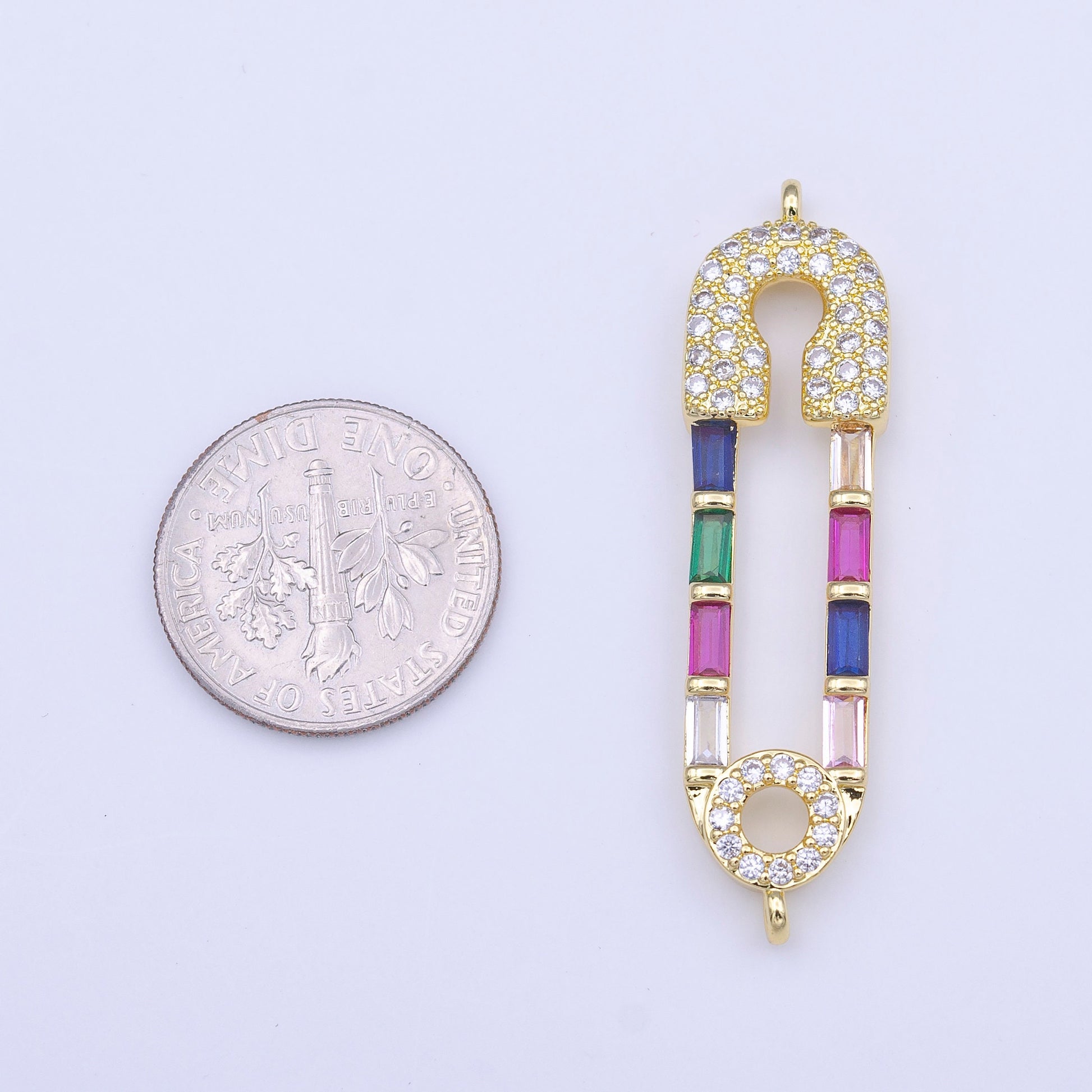 Gold Safety Pin Charm Connector, Silver Pin Multicolor Micro Paved CZ Baguette on Safety Pin Link Connector | Y655