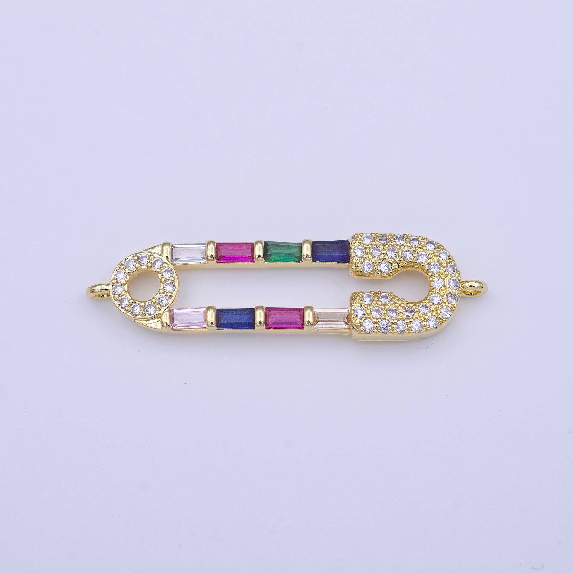 Gold Safety Pin Charm Connector, Silver Pin Multicolor Micro Paved CZ Baguette on Safety Pin Link Connector | Y655