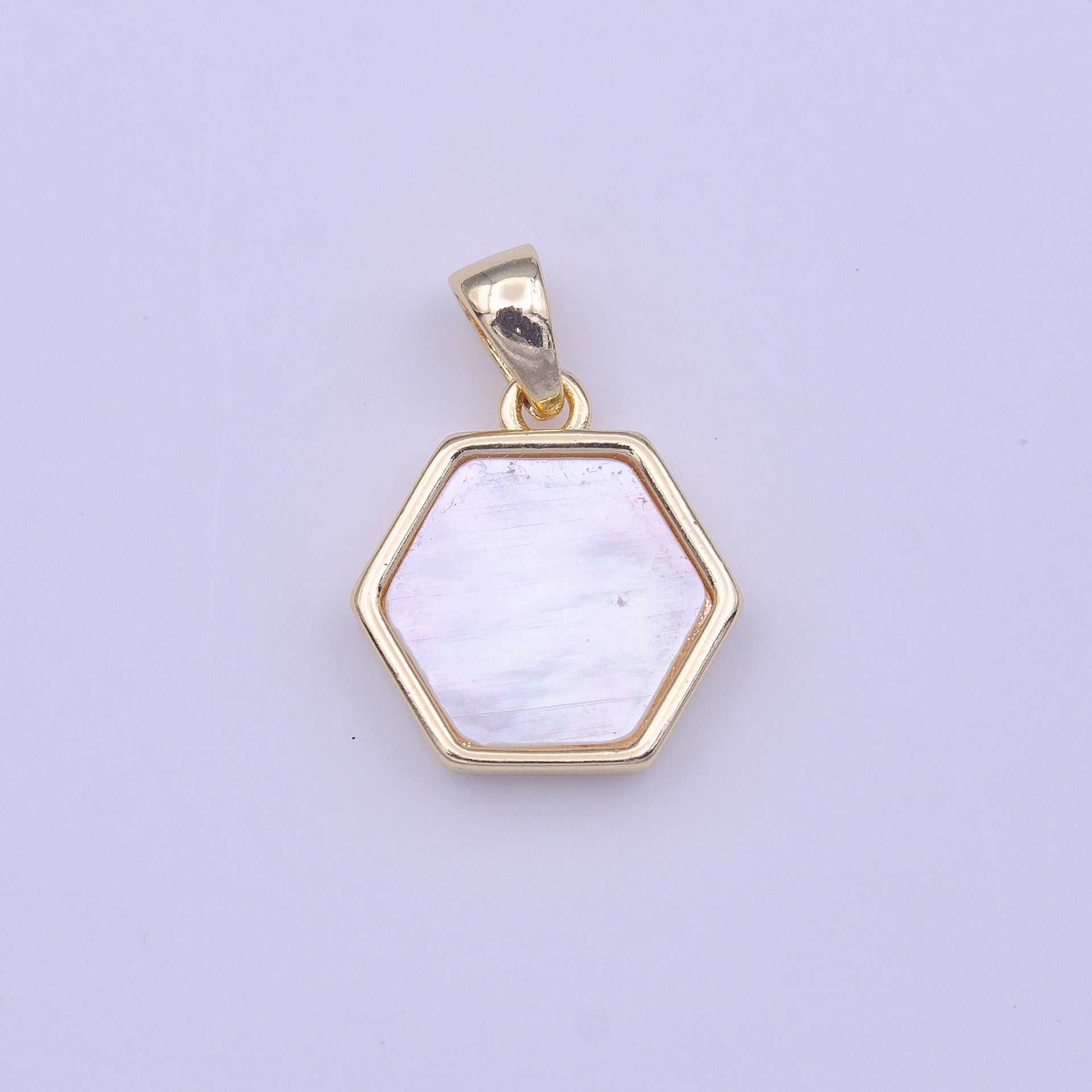 Dainty Hexagon Charm Gold Geometric Shell Pearl Charm Minimalist Jewelry Necklace Component | H224