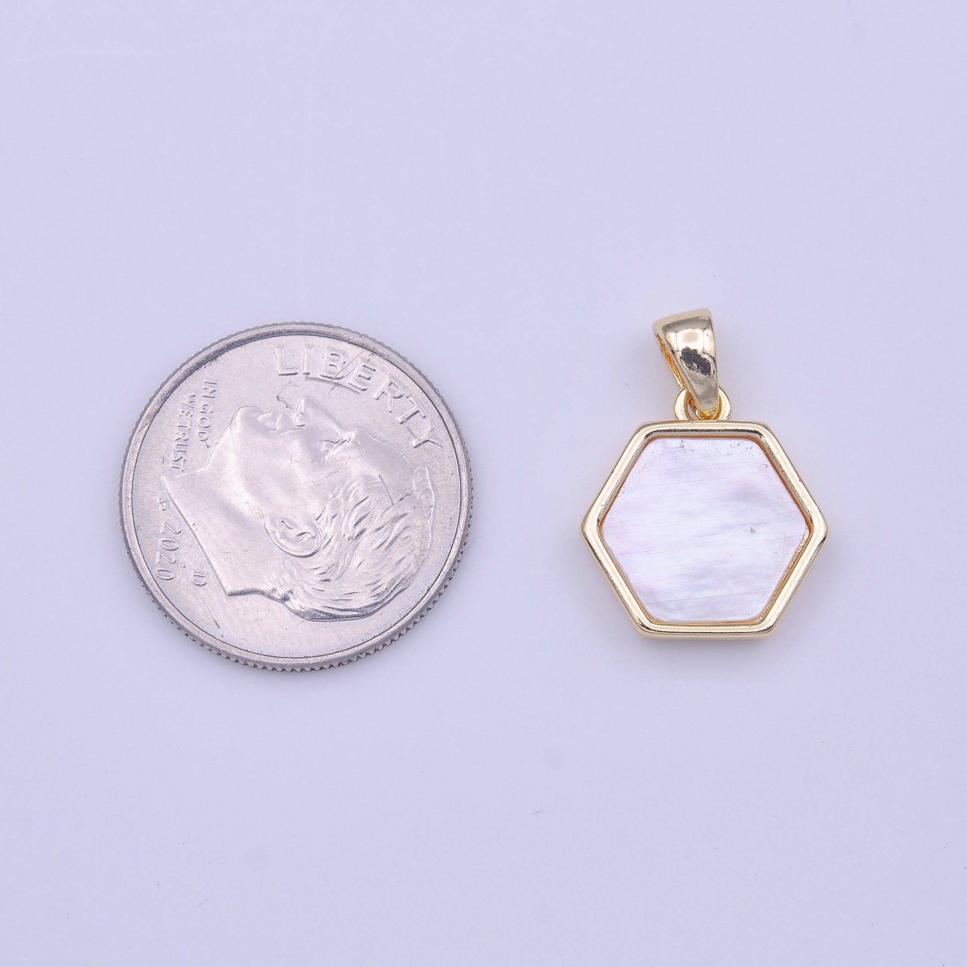 Dainty Hexagon Charm Gold Geometric Shell Pearl Charm Minimalist Jewelry Necklace Component | H224