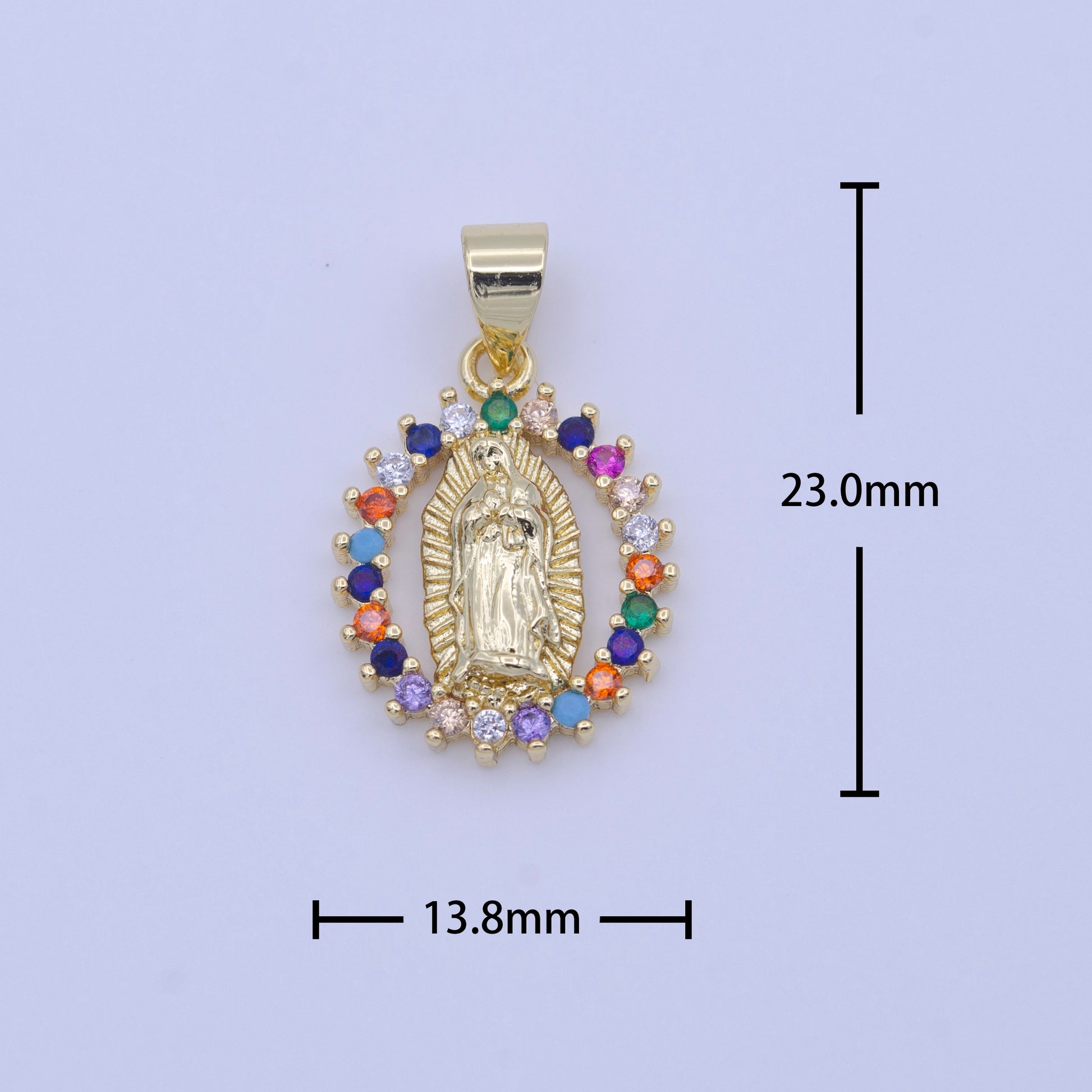 Rainbow Gold CZ Virgin Mary Pendant, Lady Guadalupe Oval Charm Mary Medallion, Rosary Charm Religious Jewelry h-251