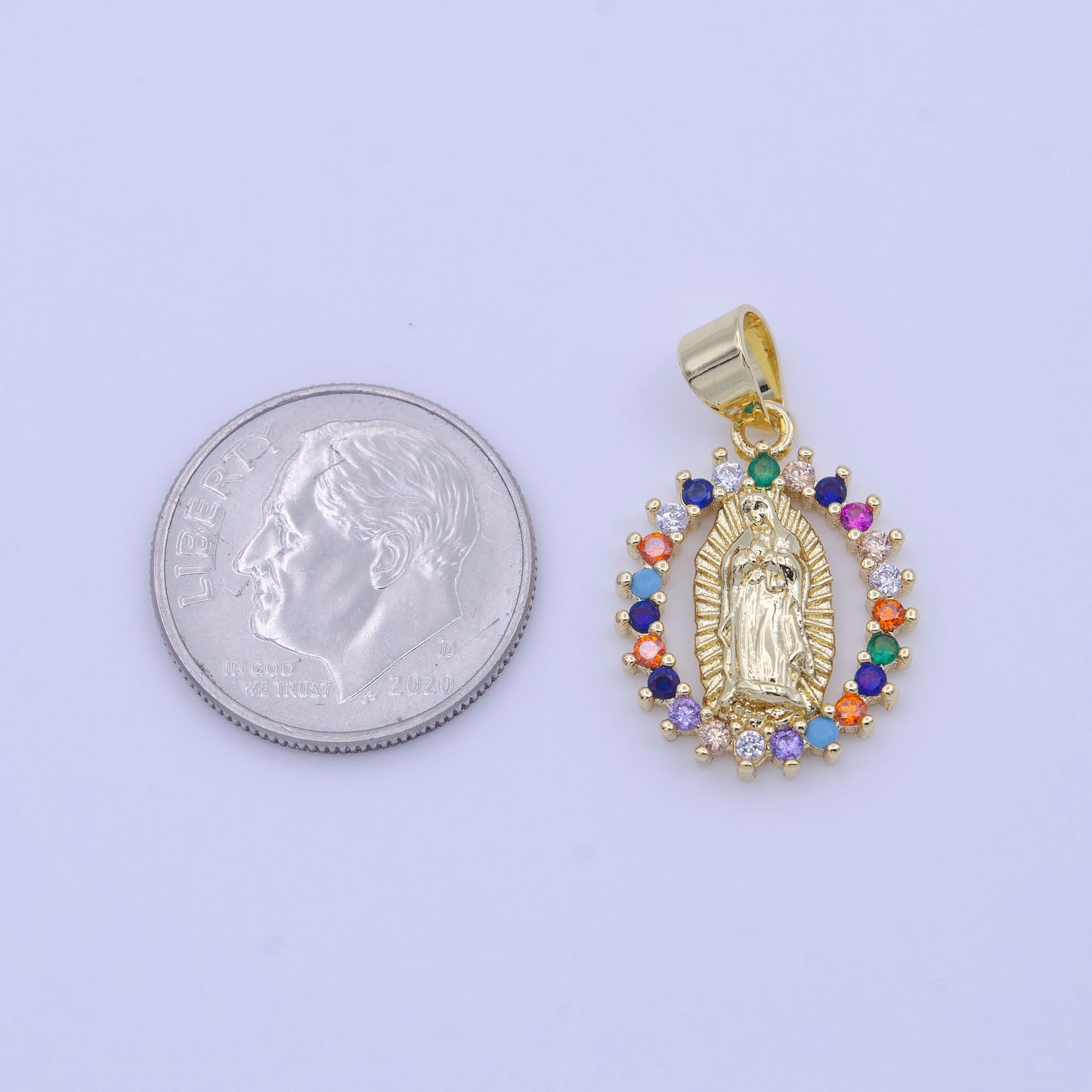 Rainbow Gold CZ Virgin Mary Pendant, Lady Guadalupe Oval Charm Mary Medallion, Rosary Charm Religious Jewelry h-251
