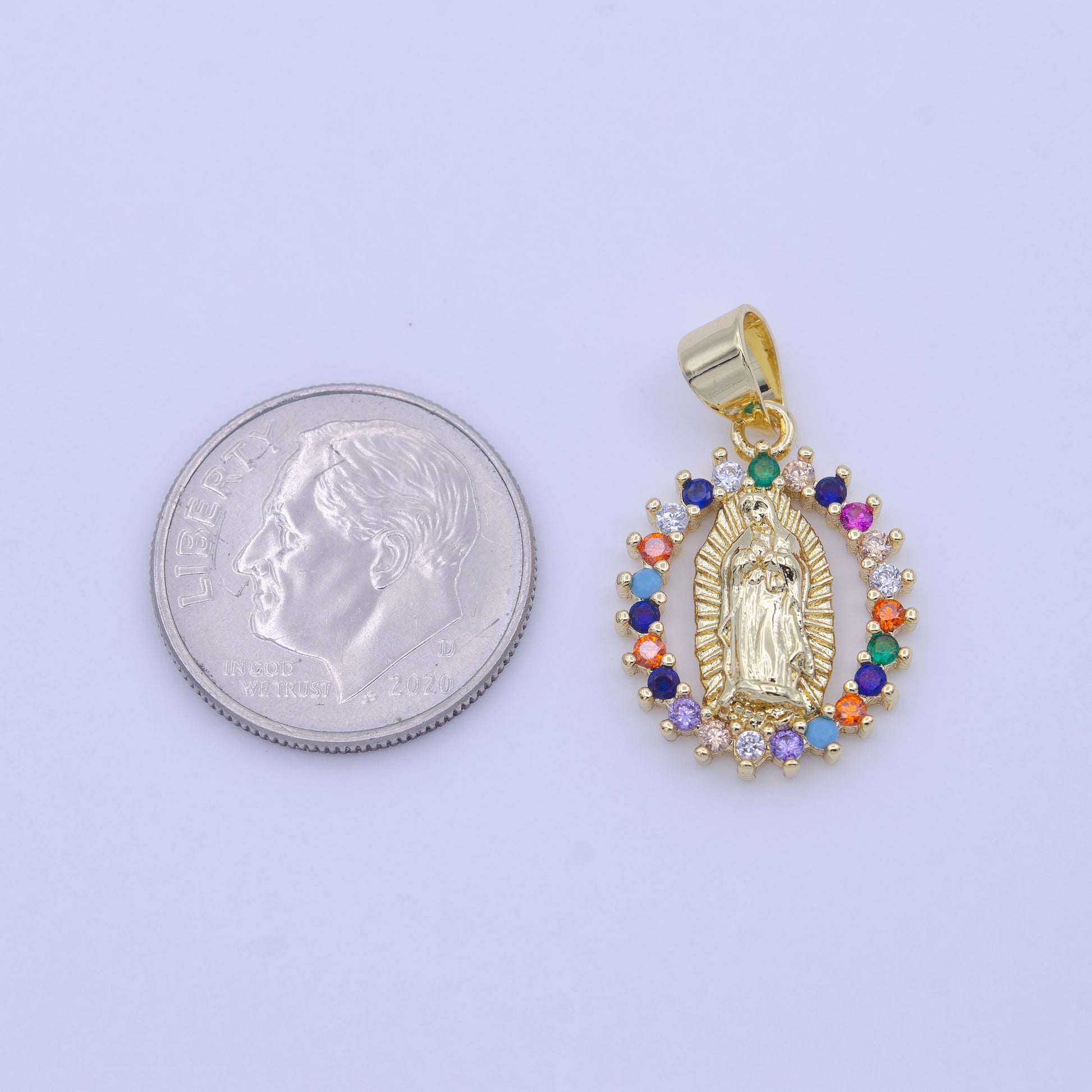 Rainbow Gold CZ Virgin Mary Pendant, Lady Guadalupe Oval Charm Mary Medallion, Rosary Charm Religious Jewelry h-251