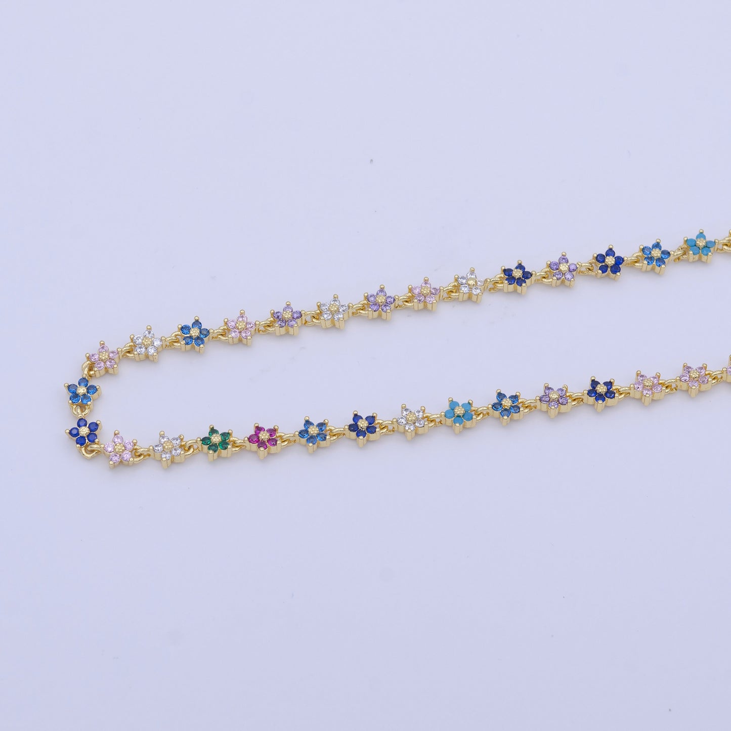 14k Gold Filled Tiki Flower Chain Colrful Multi Color Rainbow CZ Unfinished Designed Chain for Necklace Bracelet Component| ROLL-1010