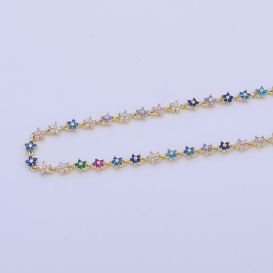 14k Gold Filled Tiki Flower Chain Colrful Multi Color Rainbow CZ Unfinished Designed Chain for Necklace Bracelet Component| ROLL-1010