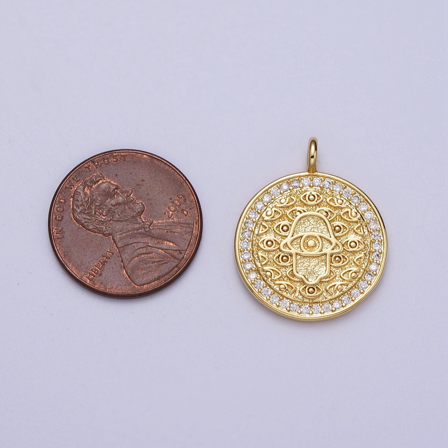 24K Gold Filled Hamsa Charm- Round Medallion Hamsa Pendant - Dainty Charm - Cubic Hamsa Hand Charm - for Necklace Bracelet Component H370