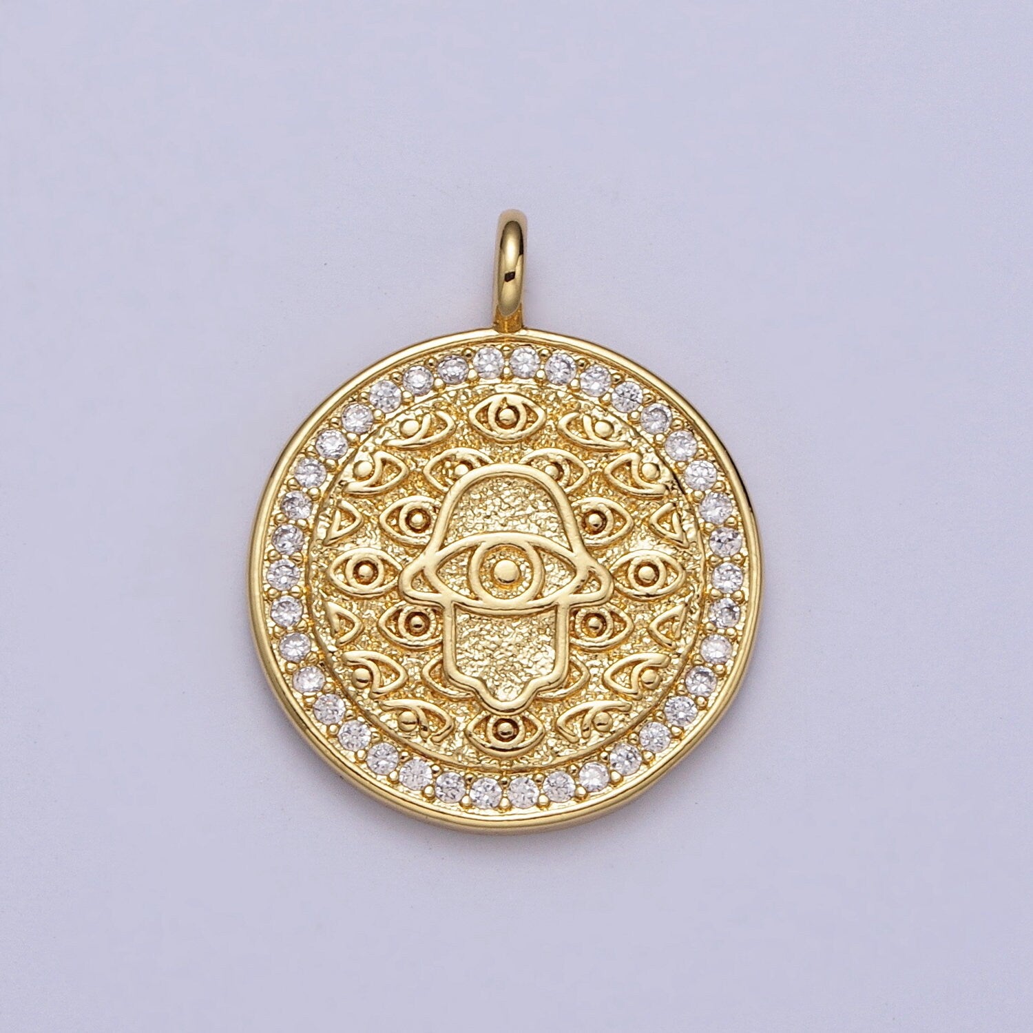 24K Gold Filled Hamsa Charm- Round Medallion Hamsa Pendant - Dainty Charm - Cubic Hamsa Hand Charm - for Necklace Bracelet Component H370