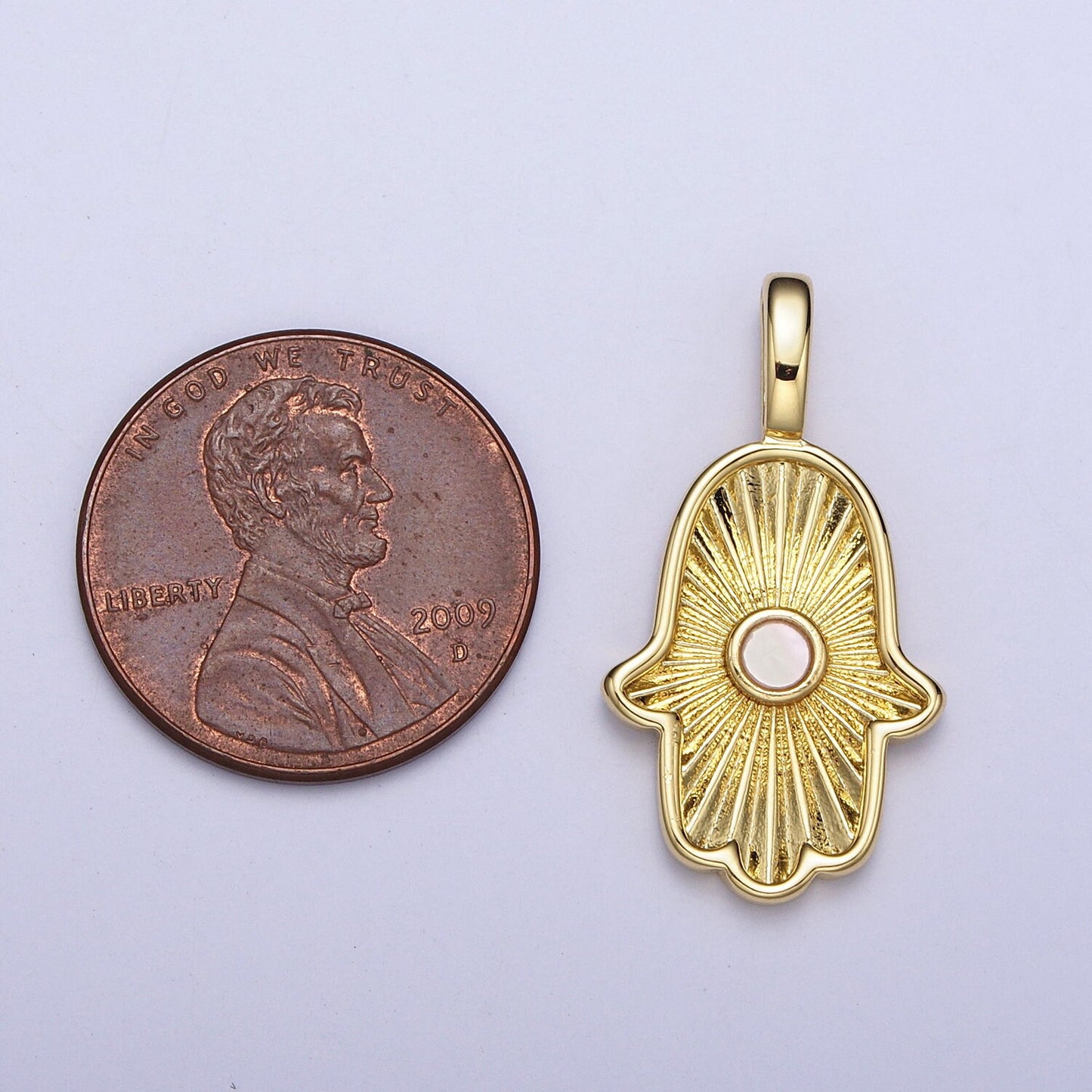 24K Gold Filled Sunburst Hamsa Hand Charm with Round Shell Pearl Pendant | H350