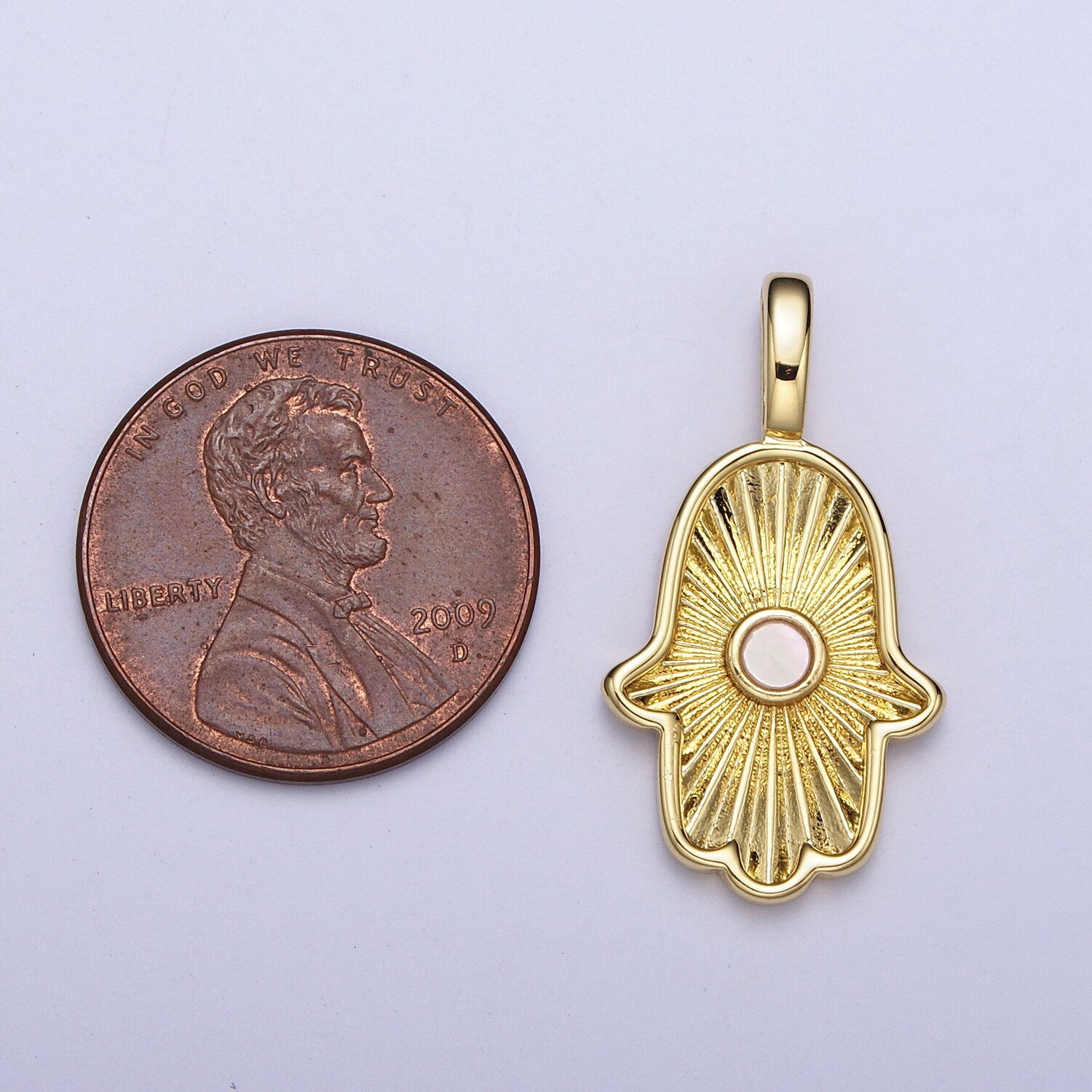 24K Gold Filled Sunburst Hamsa Hand Charm with Round Shell Pearl Pendant | H350
