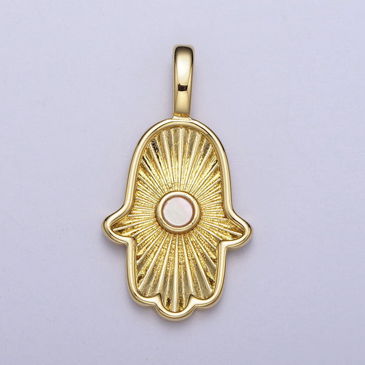 24K Gold Filled Sunburst Hamsa Hand Charm with Round Shell Pearl Pendant | H350