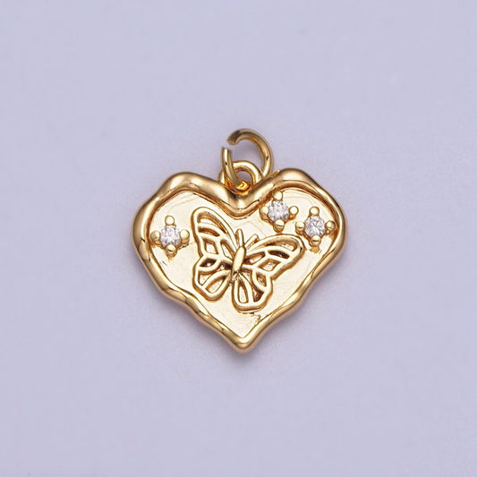 Small Pendant Gold Butterfly Charm Micro Pave Gold Heart Pendant, Cubic Zirconia Monarch Pendant Necklace, For DIY Jewelry E-024