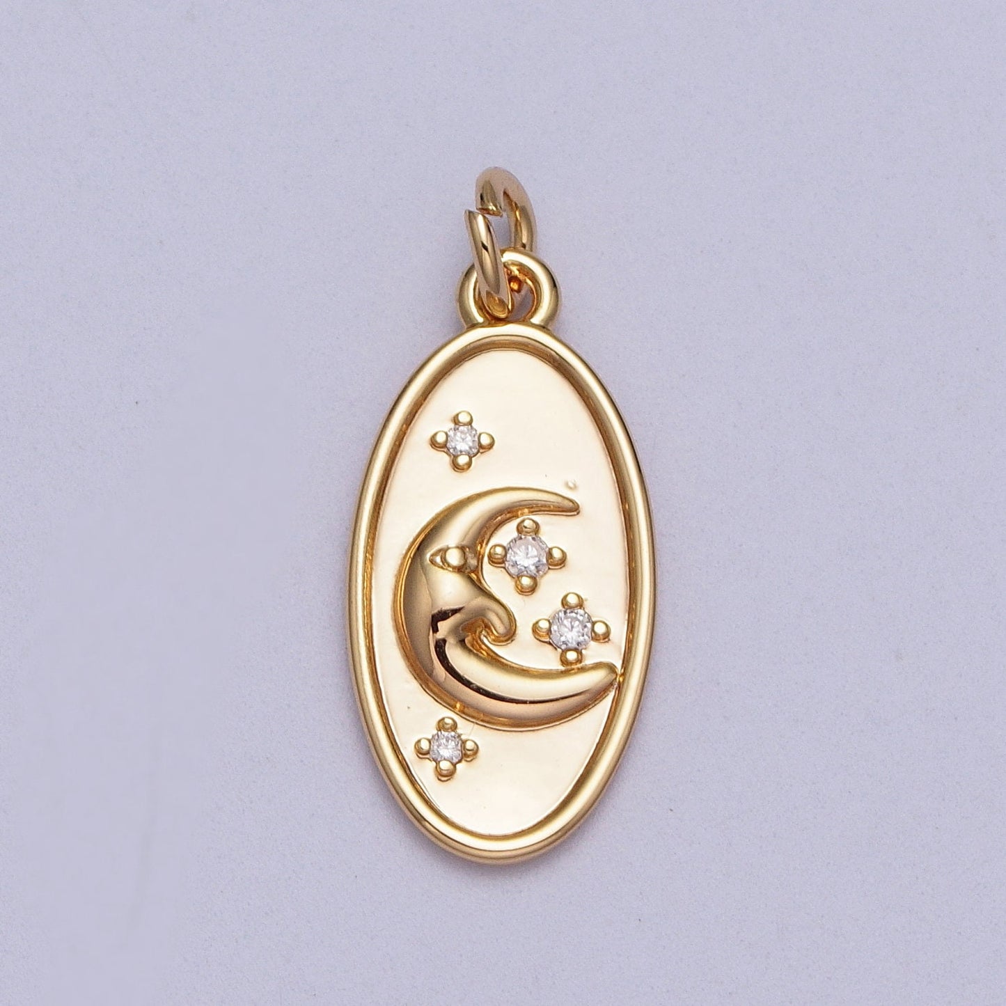 Dainty Gold Starry Night OVal Charm Micro Pave Cubic Zirconia Star Charm, Moon and Stars Charm Celestial Jewelry Supply E430