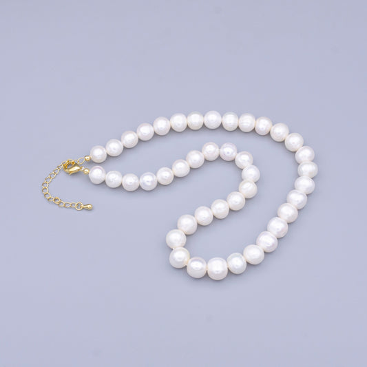 Classic White Round Pearl Necklace,Fresh Water Mother of Pearl Chain Necklace Beaded Gold Clasp WA-1492