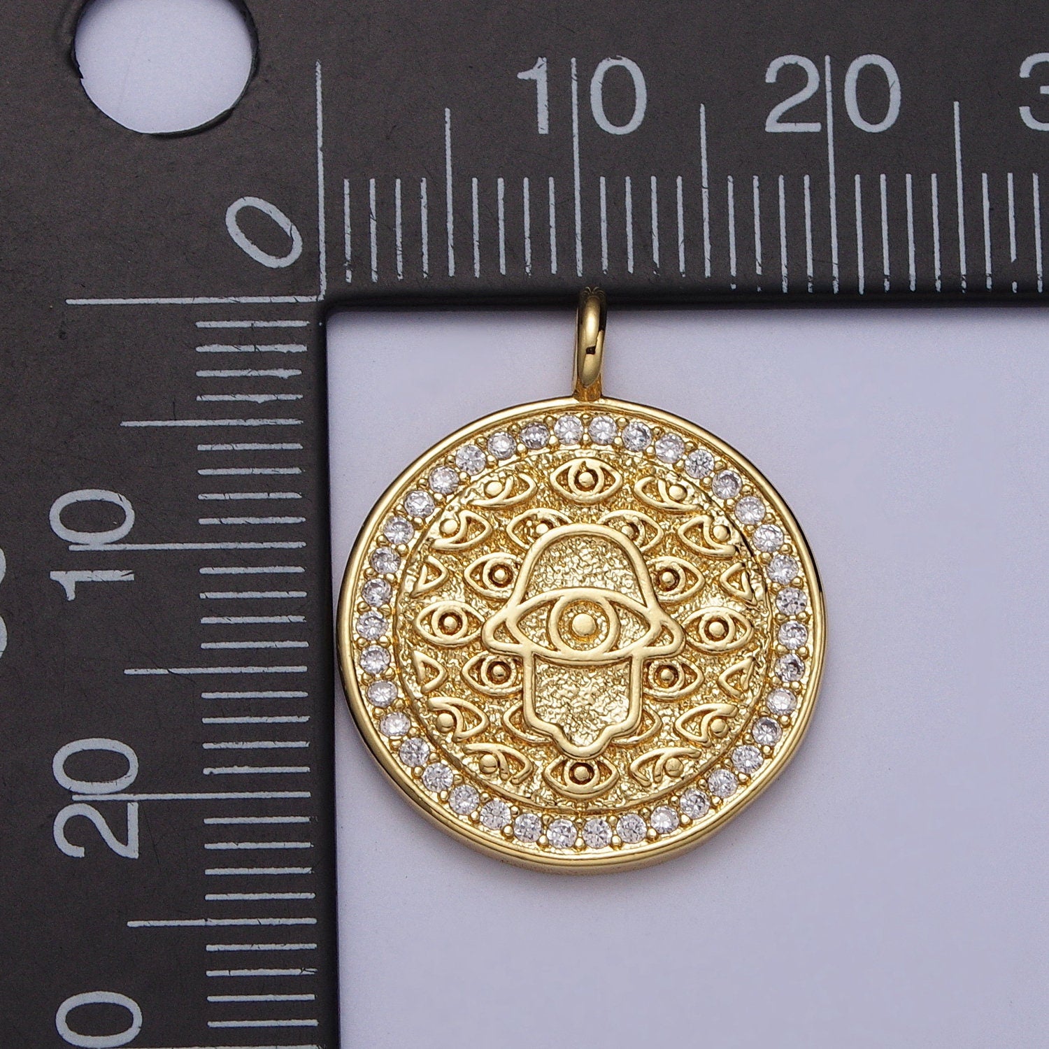 24K Gold Filled Hamsa Charm- Round Medallion Hamsa Pendant - Dainty Charm - Cubic Hamsa Hand Charm - for Necklace Bracelet Component H370