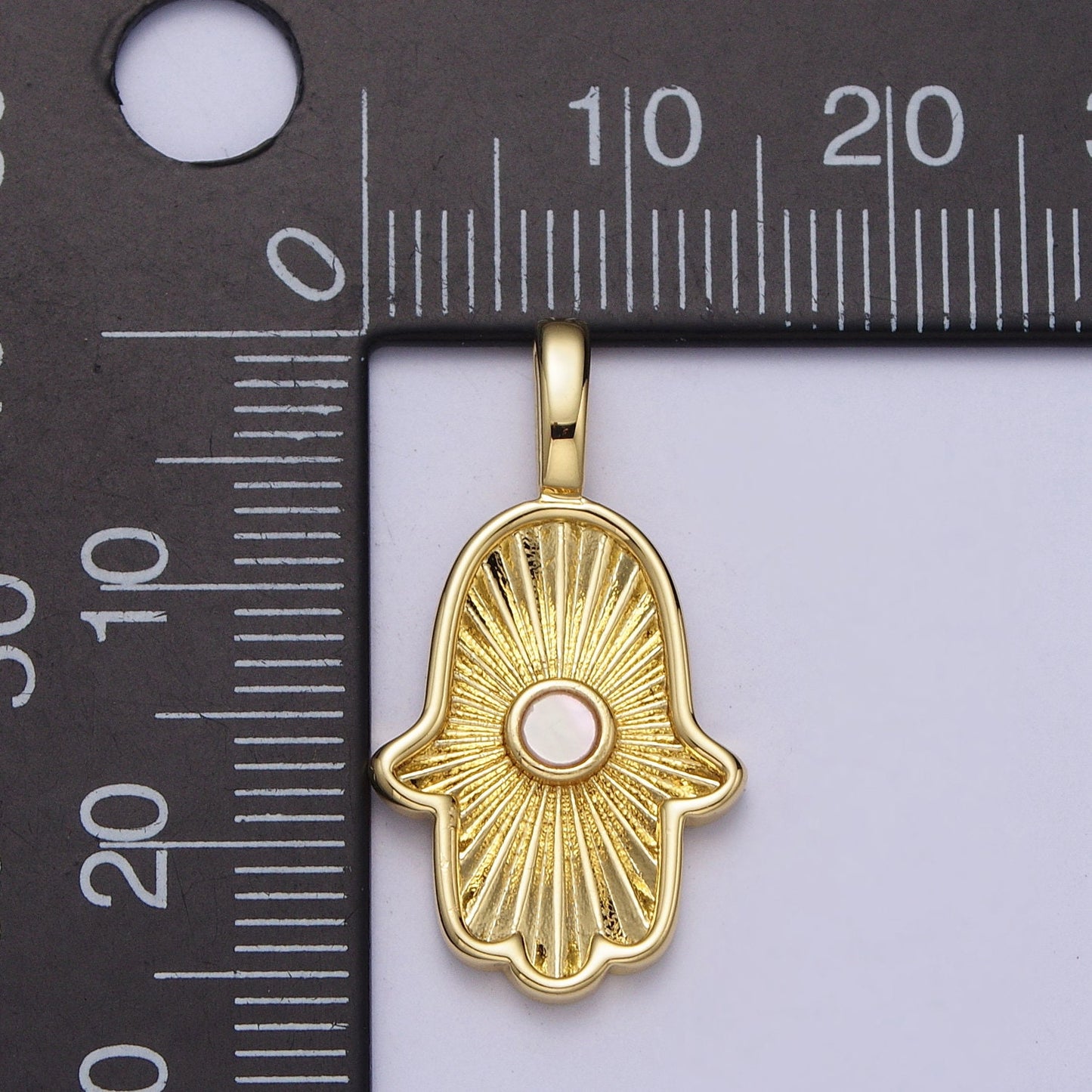 24K Gold Filled Sunburst Hamsa Hand Charm with Round Shell Pearl Pendant | H350