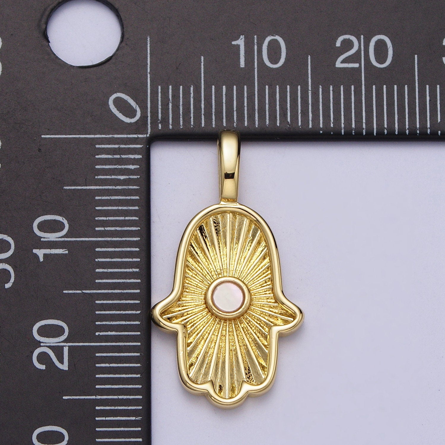 24K Gold Filled Sunburst Hamsa Hand Charm with Round Shell Pearl Pendant | H350
